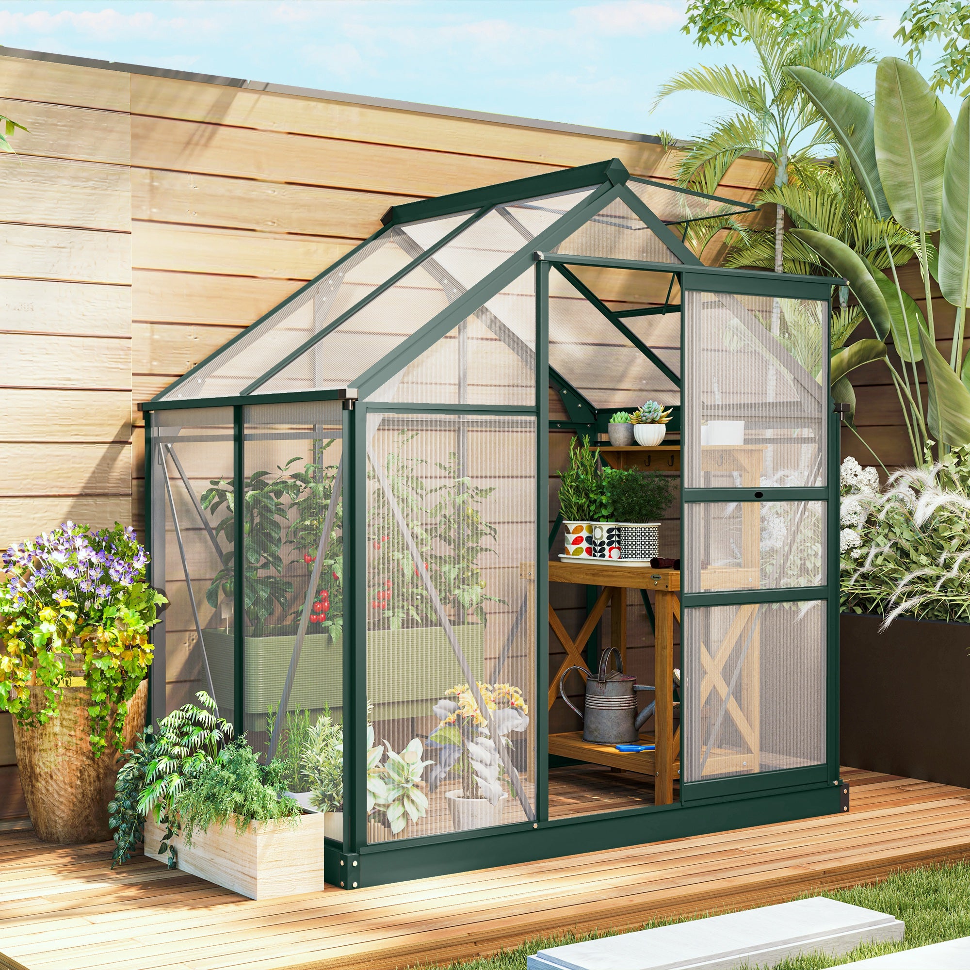 6' x 4' Greenhouse for Outdoors, Polycarbonate Greenhouse with Rain Gutter and Roof Vent, Aluminum Walk-in Green Houses for Outside for Patio Backyard Garden, Dark Green - Dark Green - Image 4