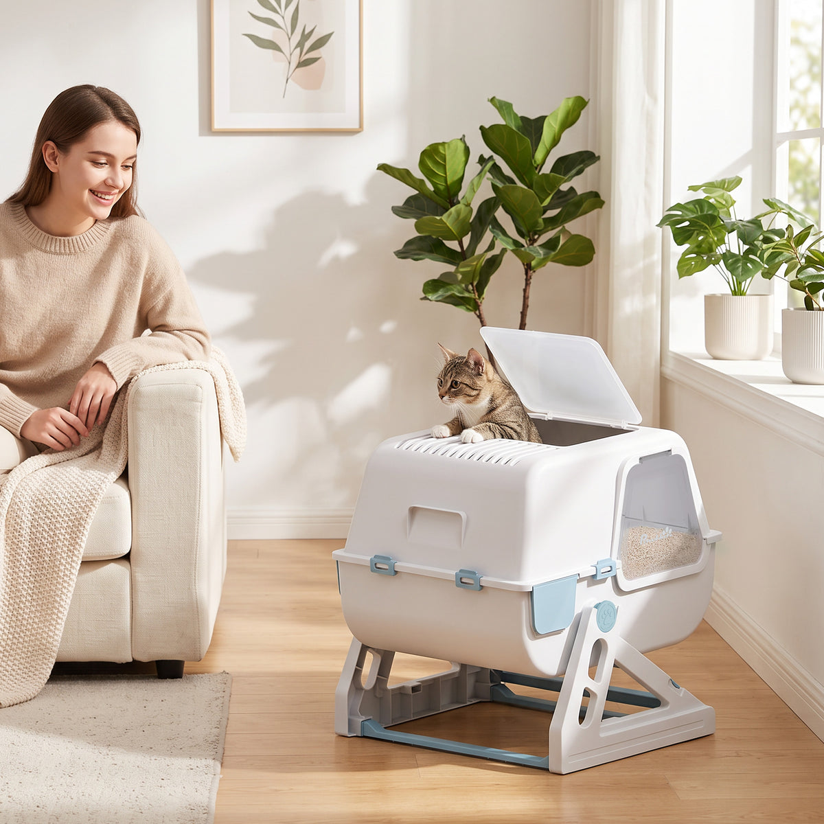 Semi-Automatic Quick Cleaning Cat Litter Box with Lid, Enclosed Cat Litter Box, Flip-to-Clean, Light Blue