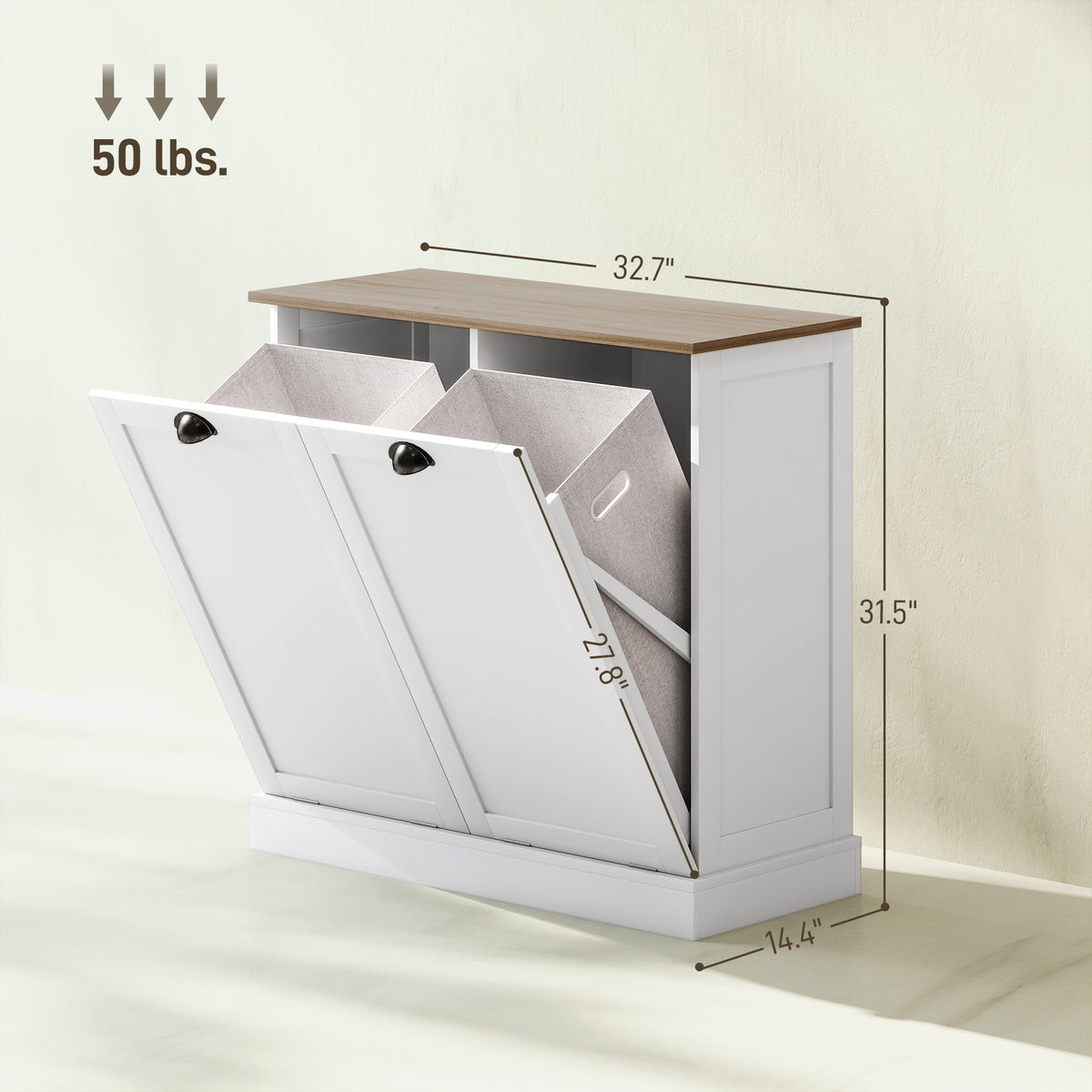 Dual Tilt out Laundry Hamper Cabinet with 2 Removable Basket, Modern Bathroom Storage Cabinet with Shaker Doors and Handles, White