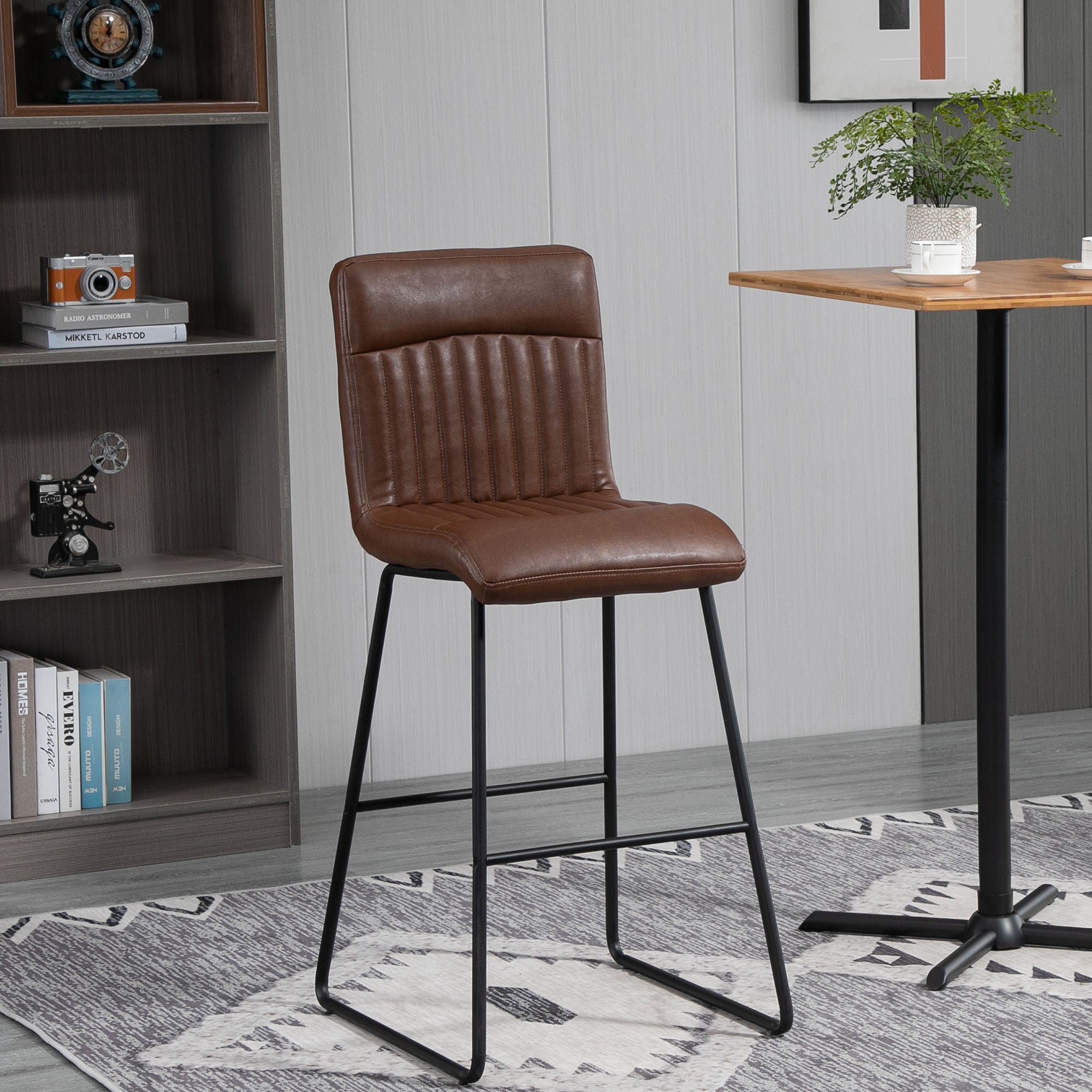 30" Industrial Bar Stool, PU Leather Barstool with Footrest, Upholstered Armless Pub Height Chair, Brown / Black