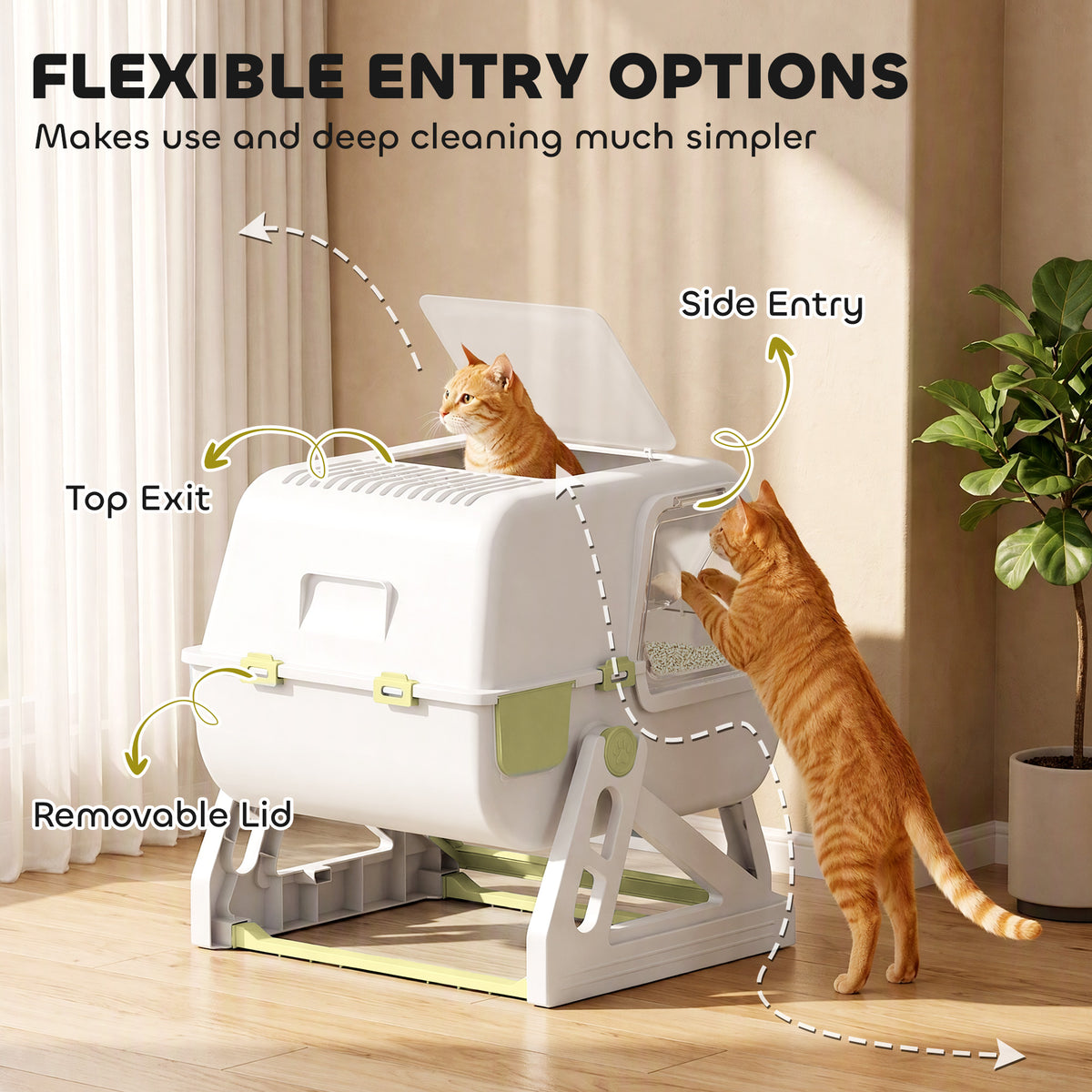 Semi-Automatic Quick Cleaning Cat Litter Box with Lid, Enclosed Cat Litter Box, Flip-to-Clean, Yellow