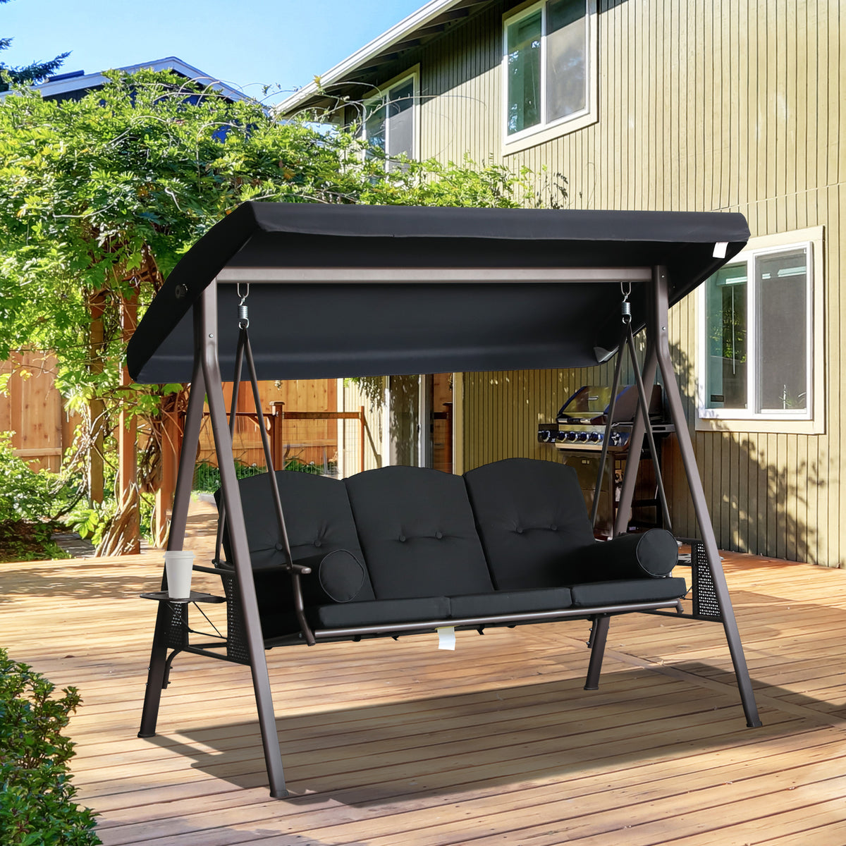 3-Seat Patio Swing Chair, Outdoor Porch Swing Glider with Adjustable Canopy, Removable Cushion, Pillows and Side Trays, for Garden, Poolside, Backyard, Black