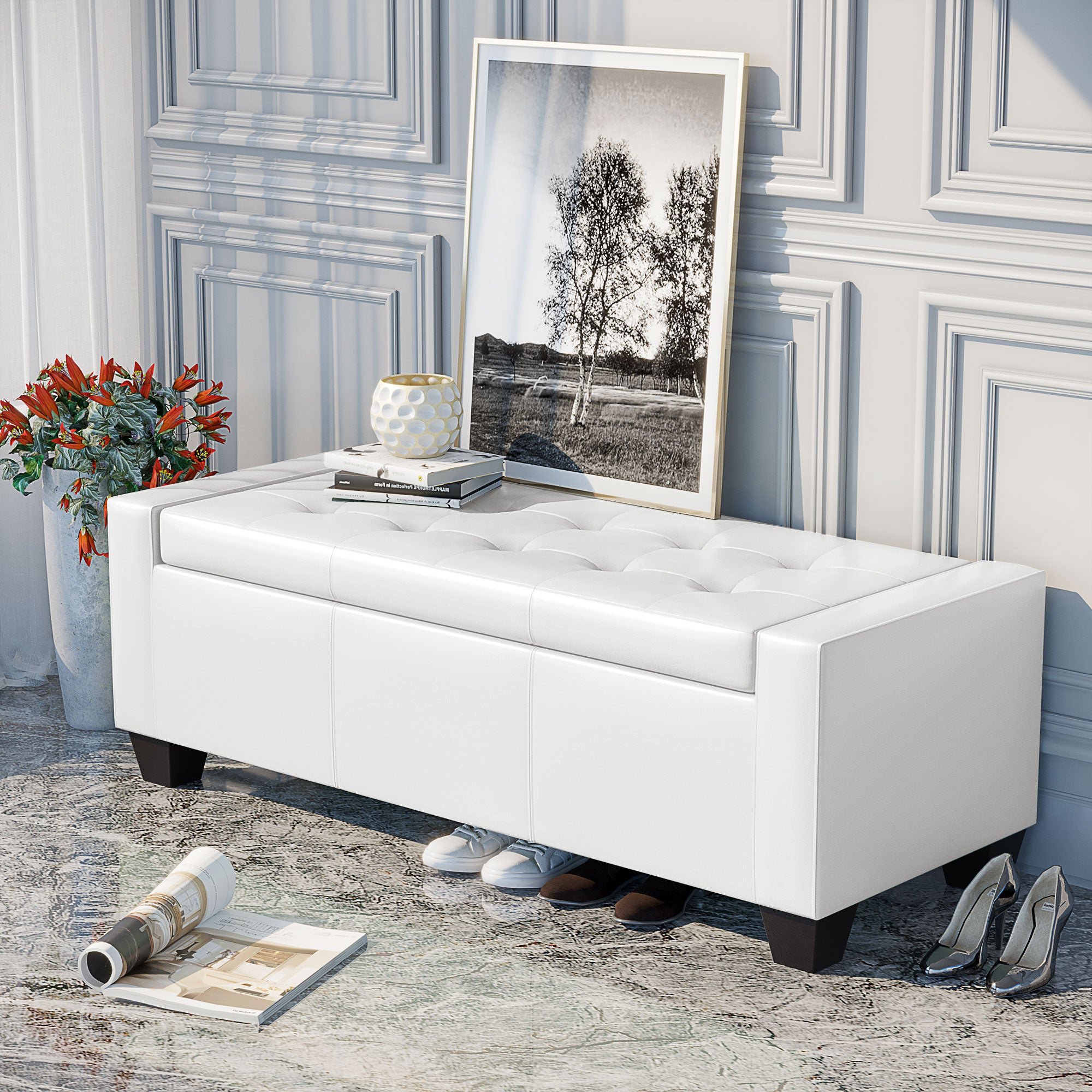 50.5" Faux Leather Rectangular Tufted Storage Ottoman for Living Room, Entryway, or Bedroom, White