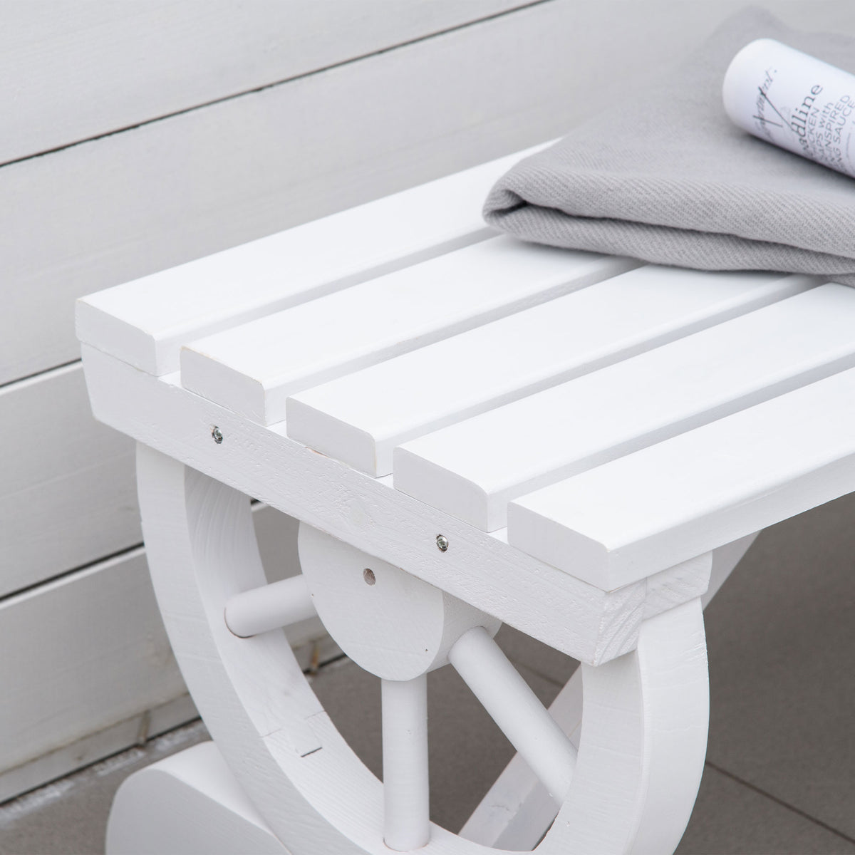 2-Person Wooden Garden Bench, Outdoor Wagon Wheel Porch Bench for Backyard Garden, Support 550 LBS, Rustic Country Style Patio Furniture, White