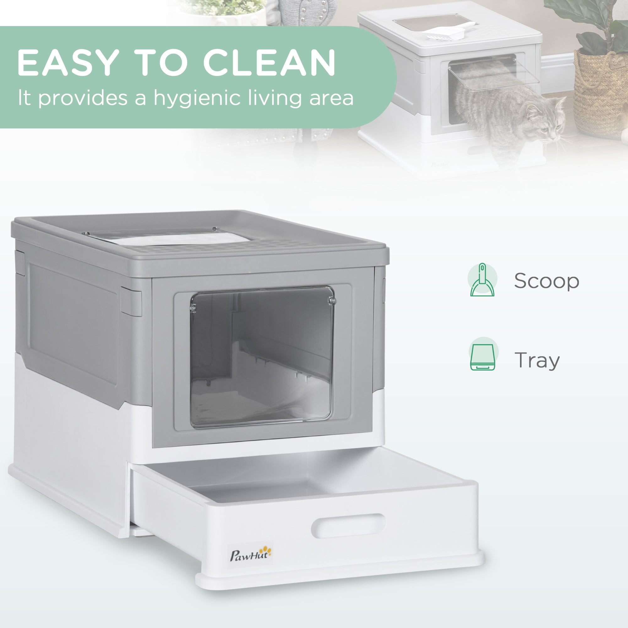 Fully Enclosed Cat Litter Box with Front Entry and Top Exit, Plastic, Gray & White - Gray - Image 4