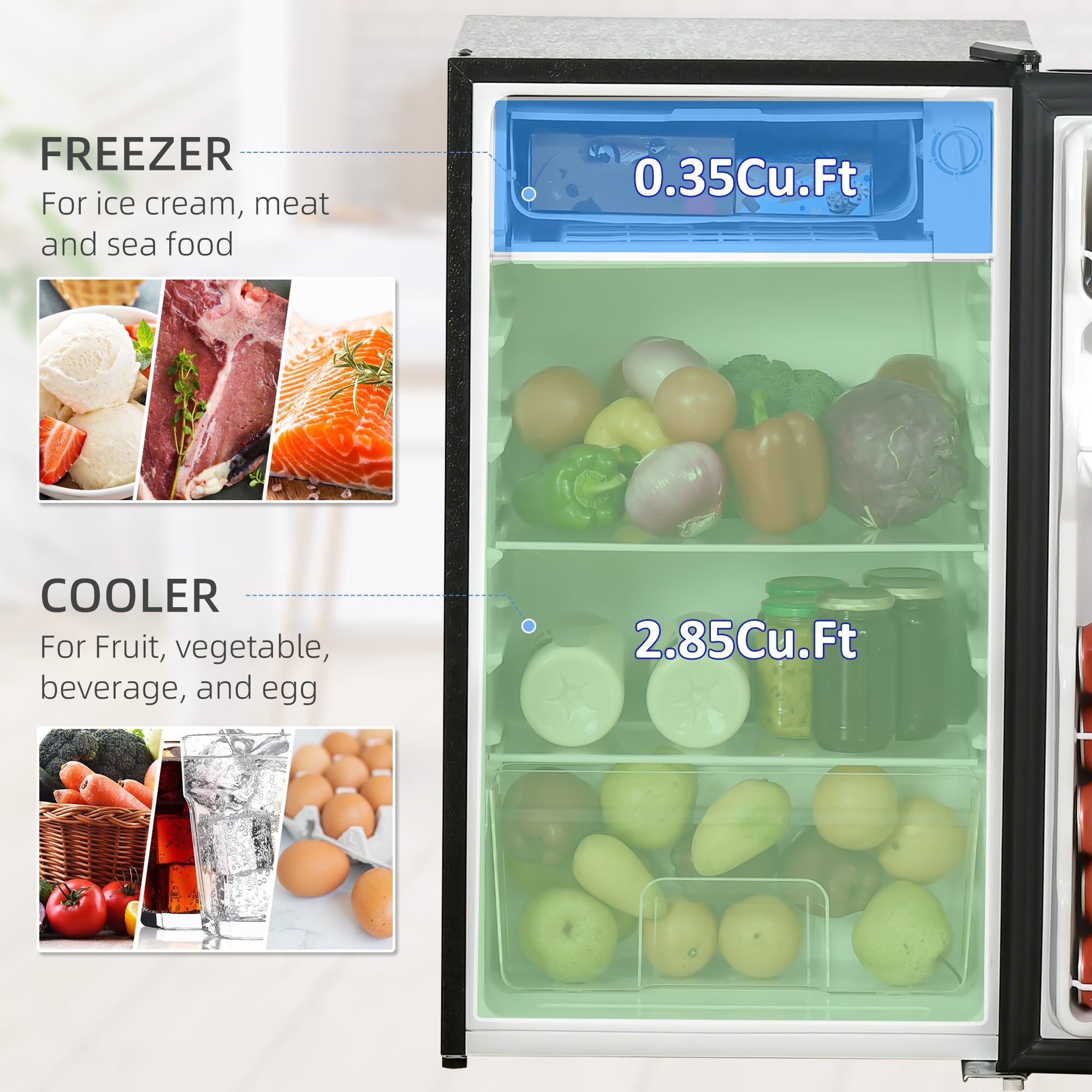 3.2 Cu.Ft Mini Fridge with Freezer, Compact Refrigerator with Adjustable Thermostat, Shelf and Single Reversible Door for Bedroom, Dorm, Home Office, Energy Efficient, Black