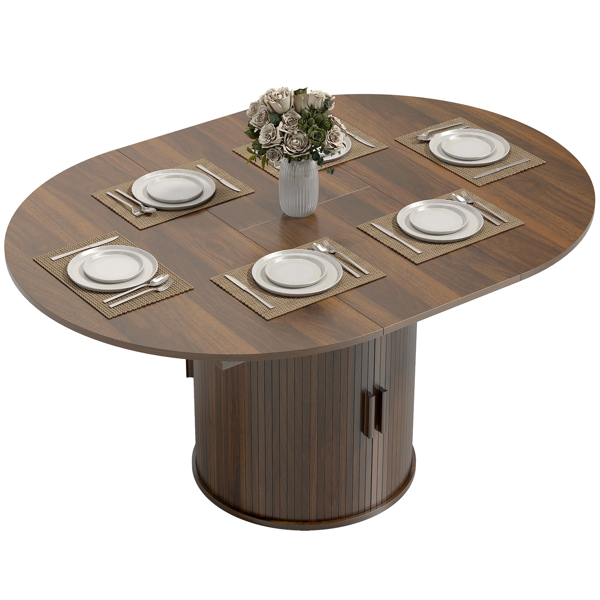 Extendable Dining Table for 6, 60" Farmhouse Kitchen Table with 2-Tier Storage Shelf and Fluted Sliding Doors, Walnut