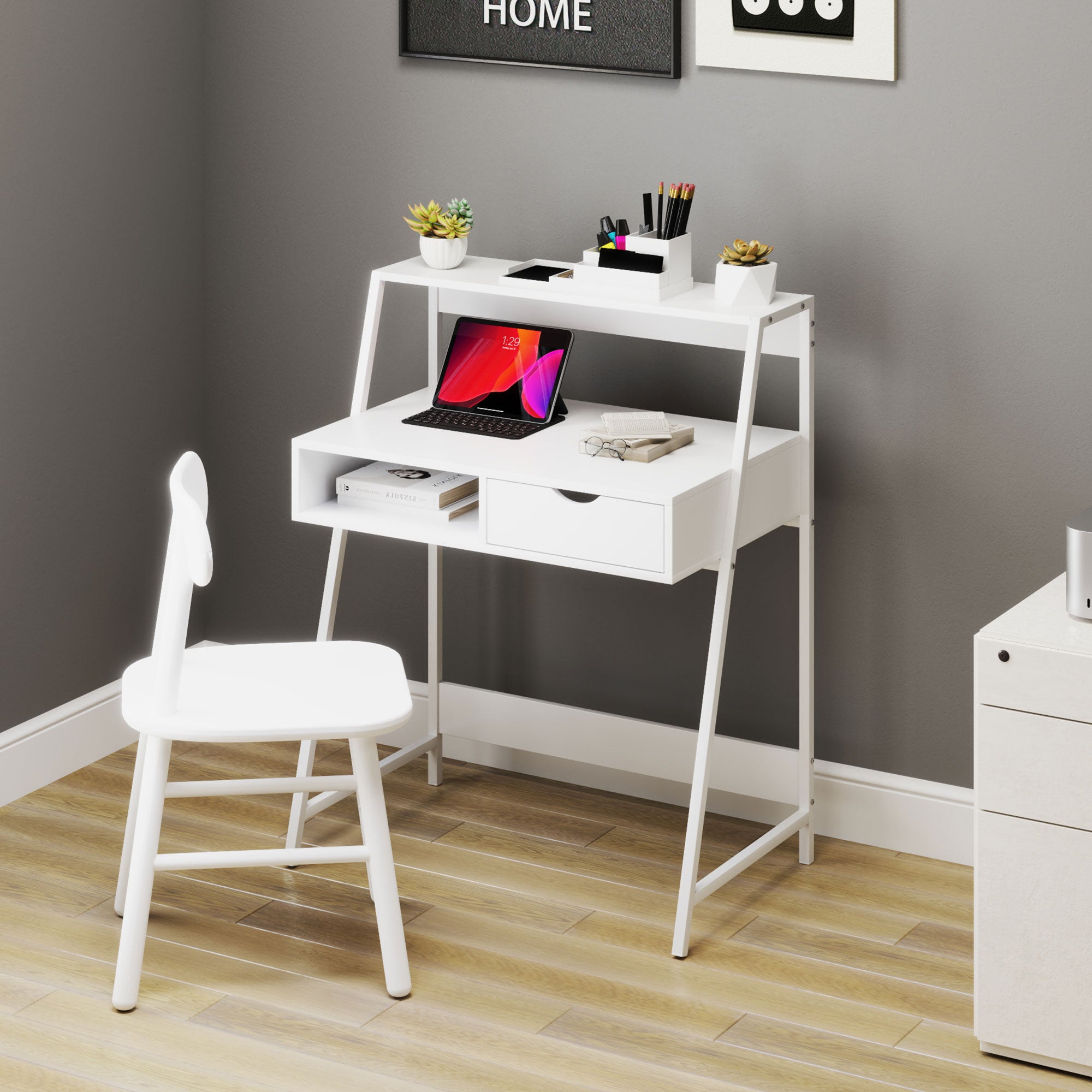 Home Office desk, Computer Desk for Small Spaces, Study Table with Drawer and Storage Shelves, White