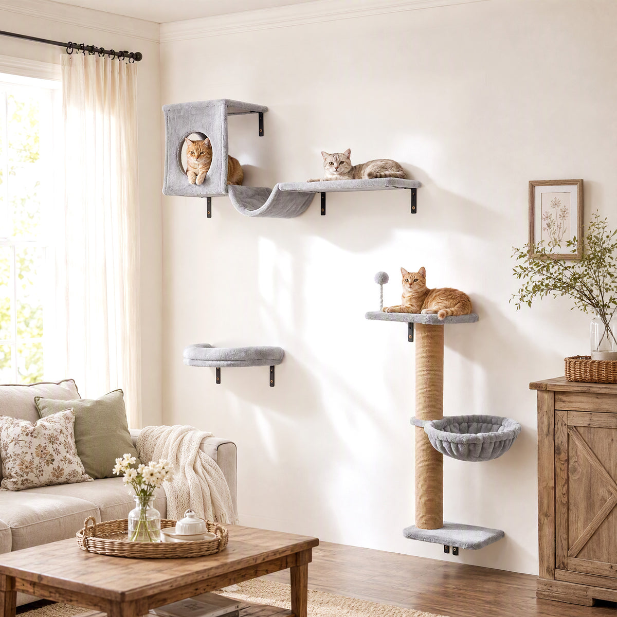 3-In-1 Cat Wall Shelves with Condo, Bed, Hammock, Scratching Post and Spring Ball, Gray