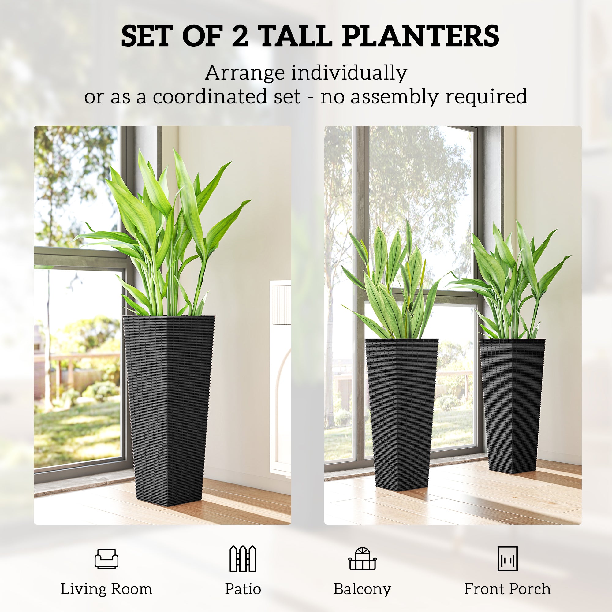 32 Inch Tall Planters for Outdoor Plants, Set of 2 Plastic Flower Pots with Drainage Holes, Black - Black - Image 4