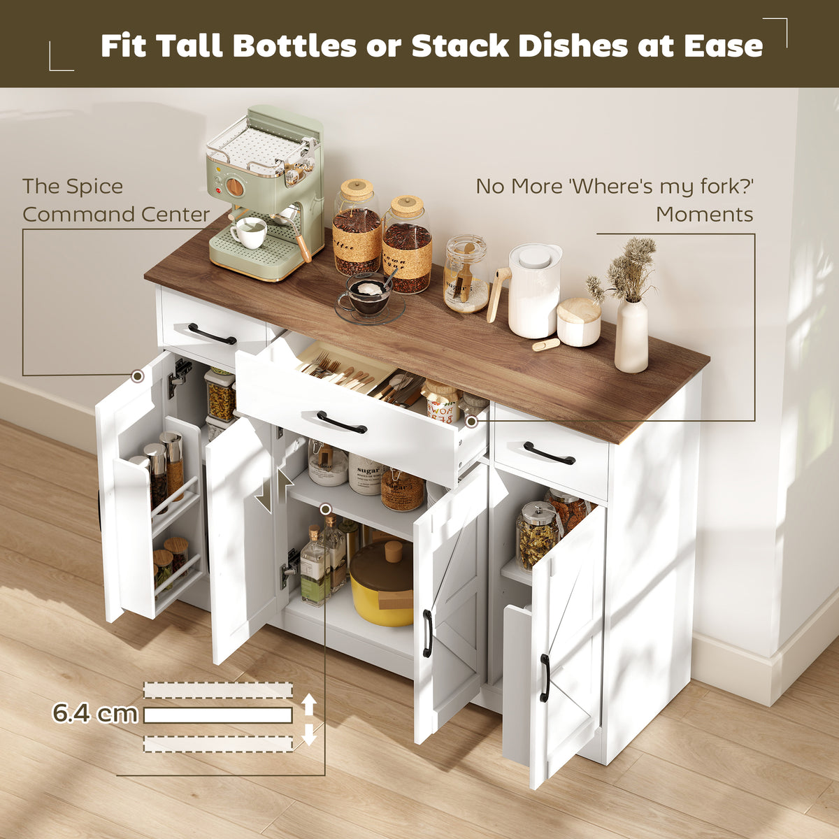 47" Buffet Cabinet with Soft-Close Hinges, Farmhouse Sideboard with 3 Drawers, Adjustable Shelves and Spice Racks, White