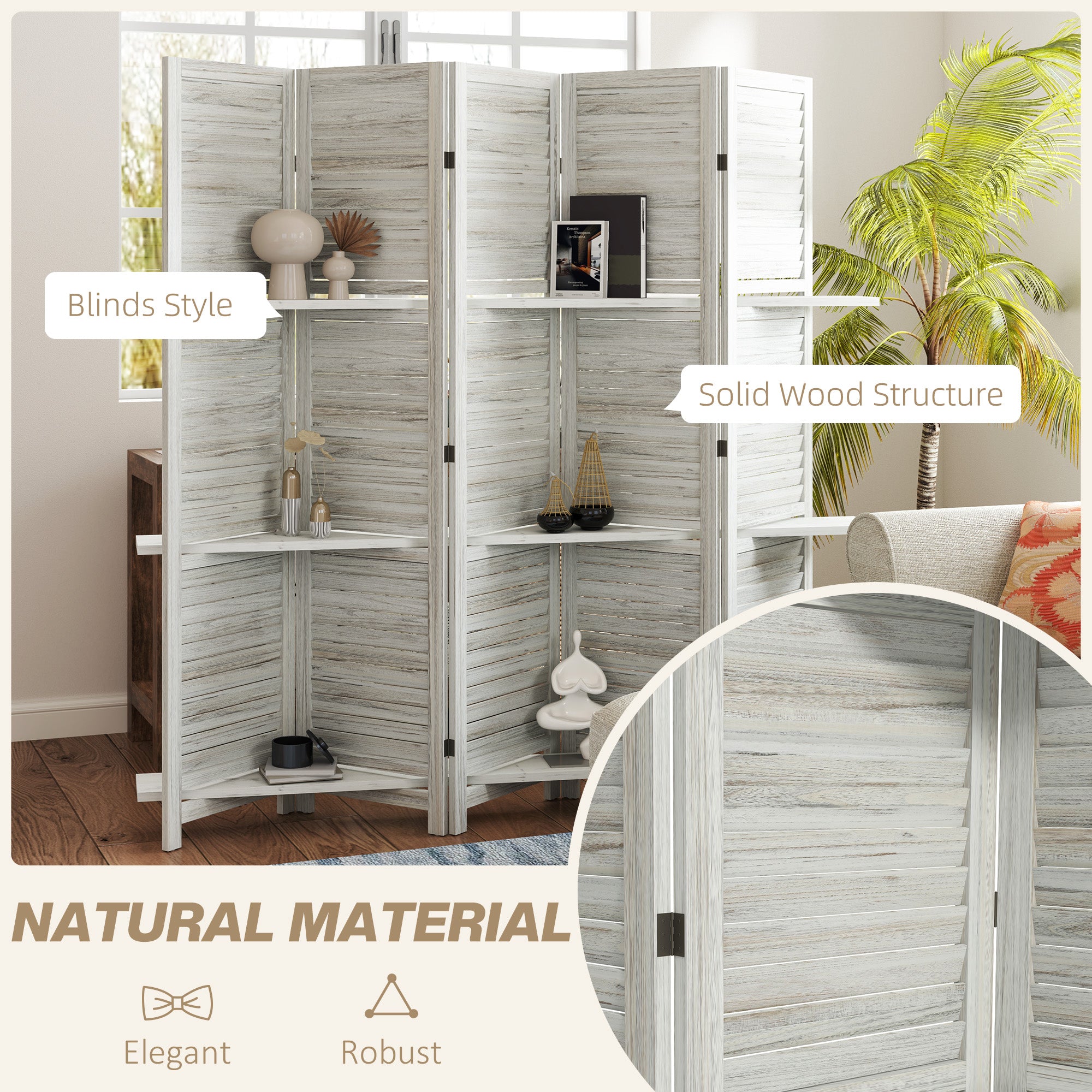 5 Panel 67" Tall Wood Privacy Screen Room Divider with 3 Shelves and Folding Storage for Bedroom, Distressed White