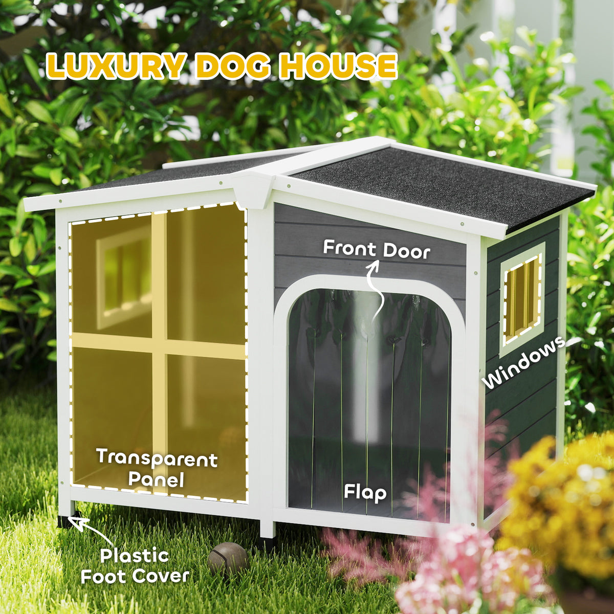 Cabin-Style Wooden Dog House for Large Dogs with Openable Roof & Giant Window,Gray