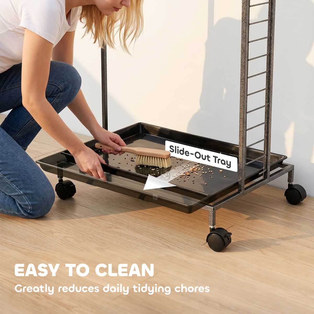 Bird Stand with Wheels Parrot Stand with Slide-out Tray Stainless Steel Bowls for Indoor Outdoor Dark Gray