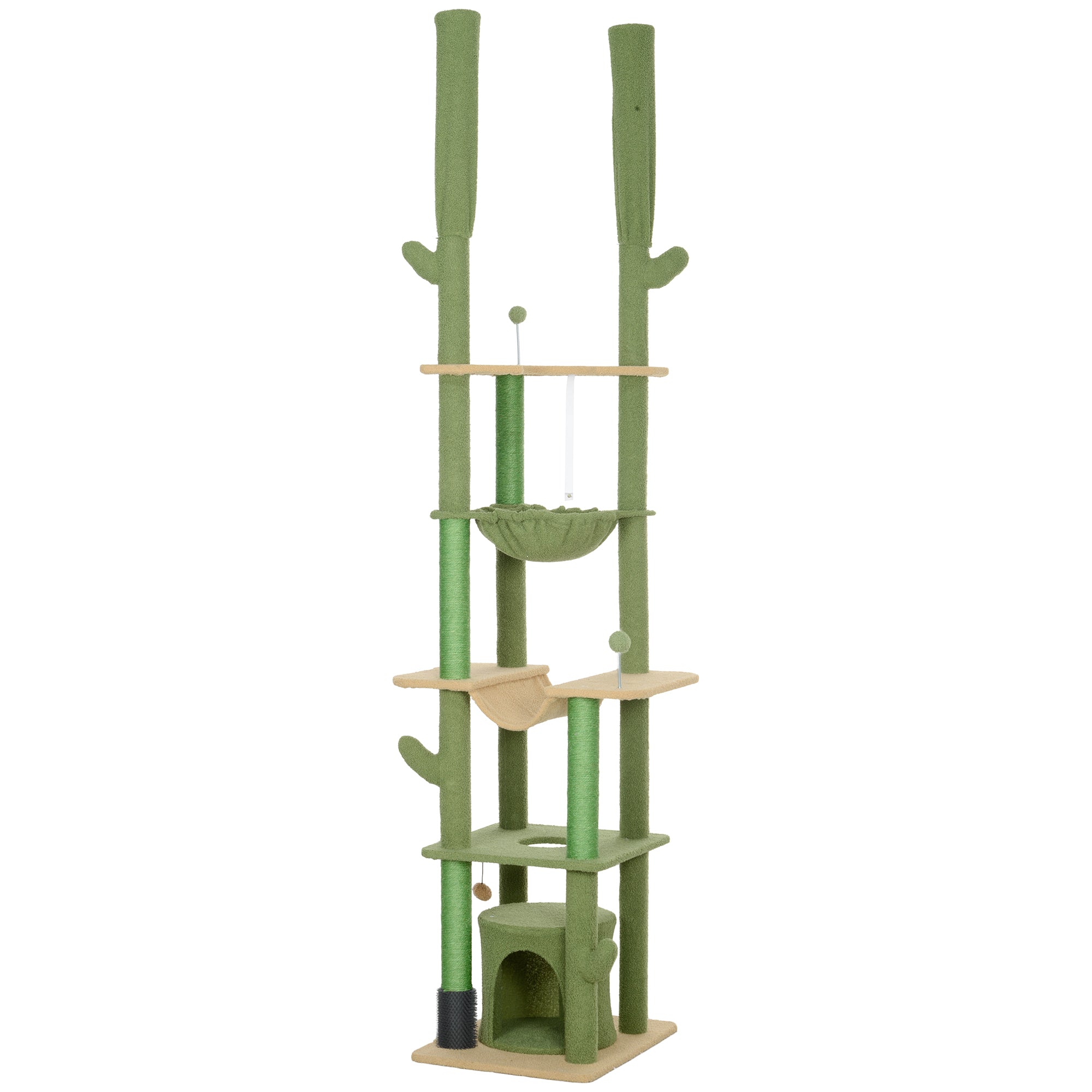 89"-100" Floor to Ceiling Cat Tree, Cat Climbing Tower with Grooming Brush Post, Cat Condo, Hammock, Green - Green