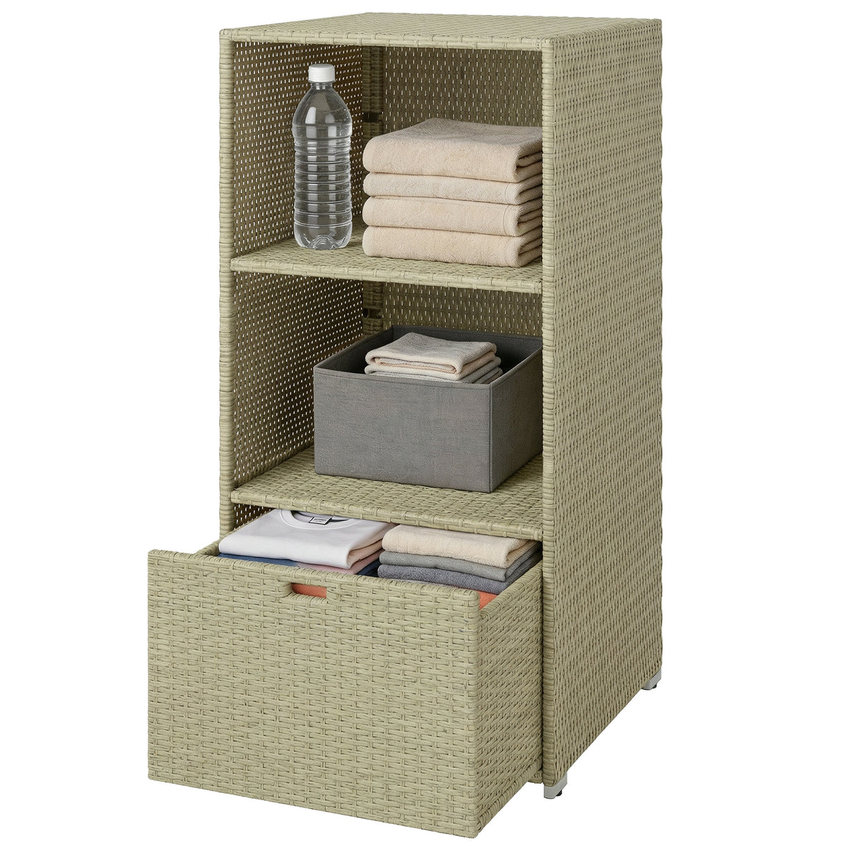 Valet Pool Towel Rack, Water-Resistant PE Plastic Rattan Wicker Storage Organizer, 2 Shelves, 1 Basket Drawer