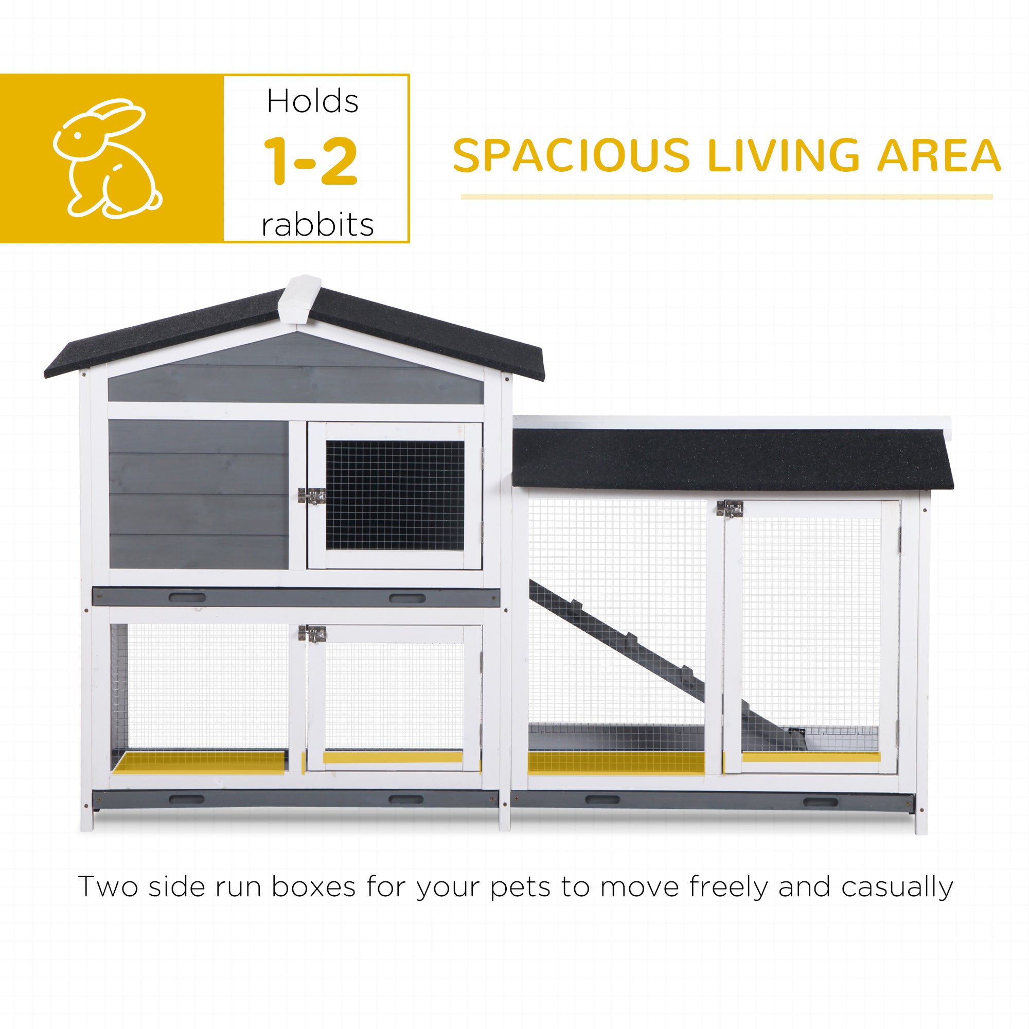 2-tier Indoor Rabbit Enclosure, Wood Hutch Backyard Small Animal House Ramp Outdoor Run Enclosed - Grey - Image 5