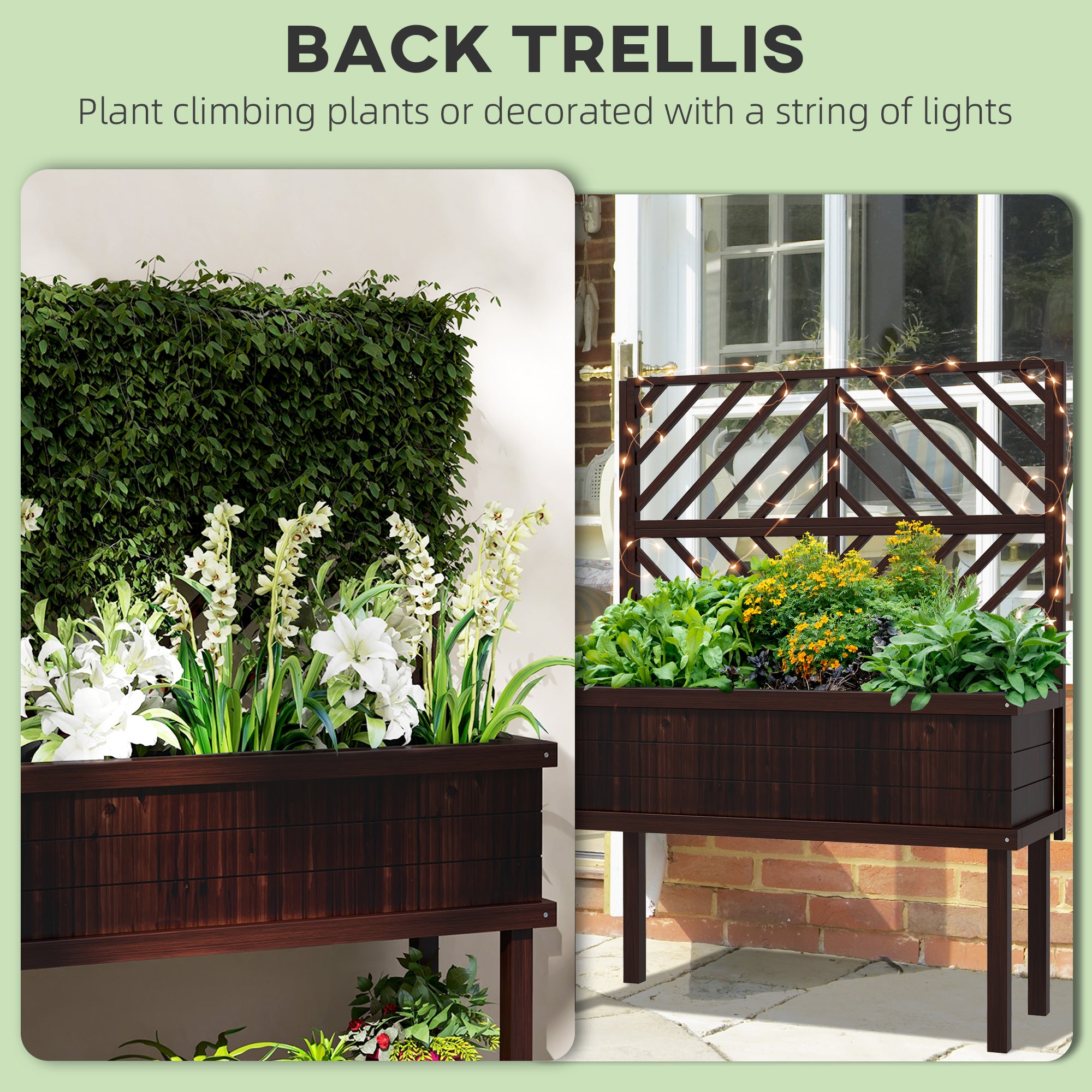 Elevated Wood Planter with Trellis for Climbing Plants, Raised Garden Bed with Legs and Drainage Holes, Carbonized - Carbonized - Image 4