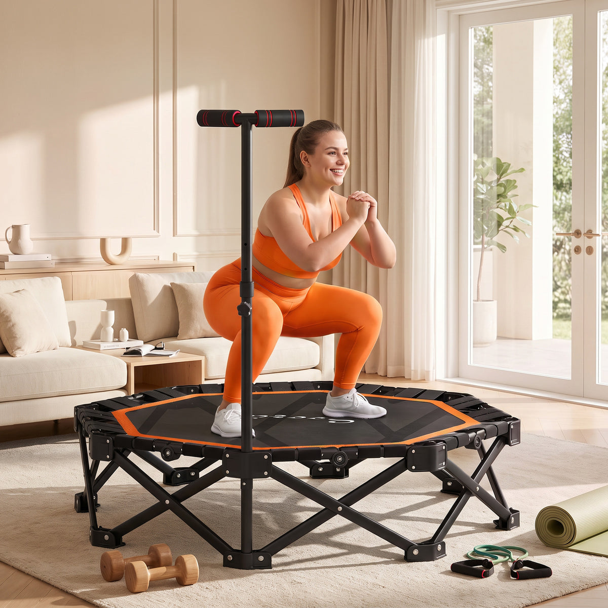 50" Foldable Mini Trampoline for Adults, One-Step Fold & Open, 550LBS Capacity, 3-Level Adjustable Handle, Orange