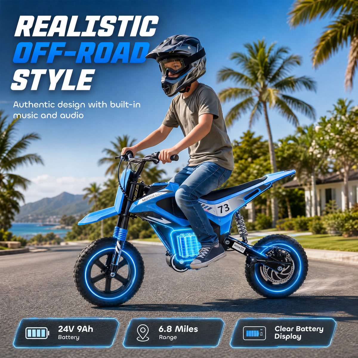 24V Kids Electric Motorcycle with 180W Brushless Motor, Suspension, Soft Start, 12" Rubber Tires for 6+ Years, Blue
