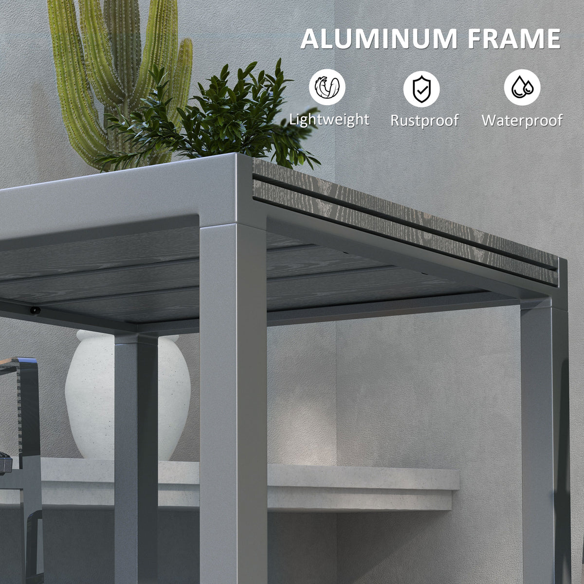 Patio Table for 6-8 People, Aluminum Frame Rectangle Garden Table with Wood Effect Steel Top, for Backyard, Dark Gray