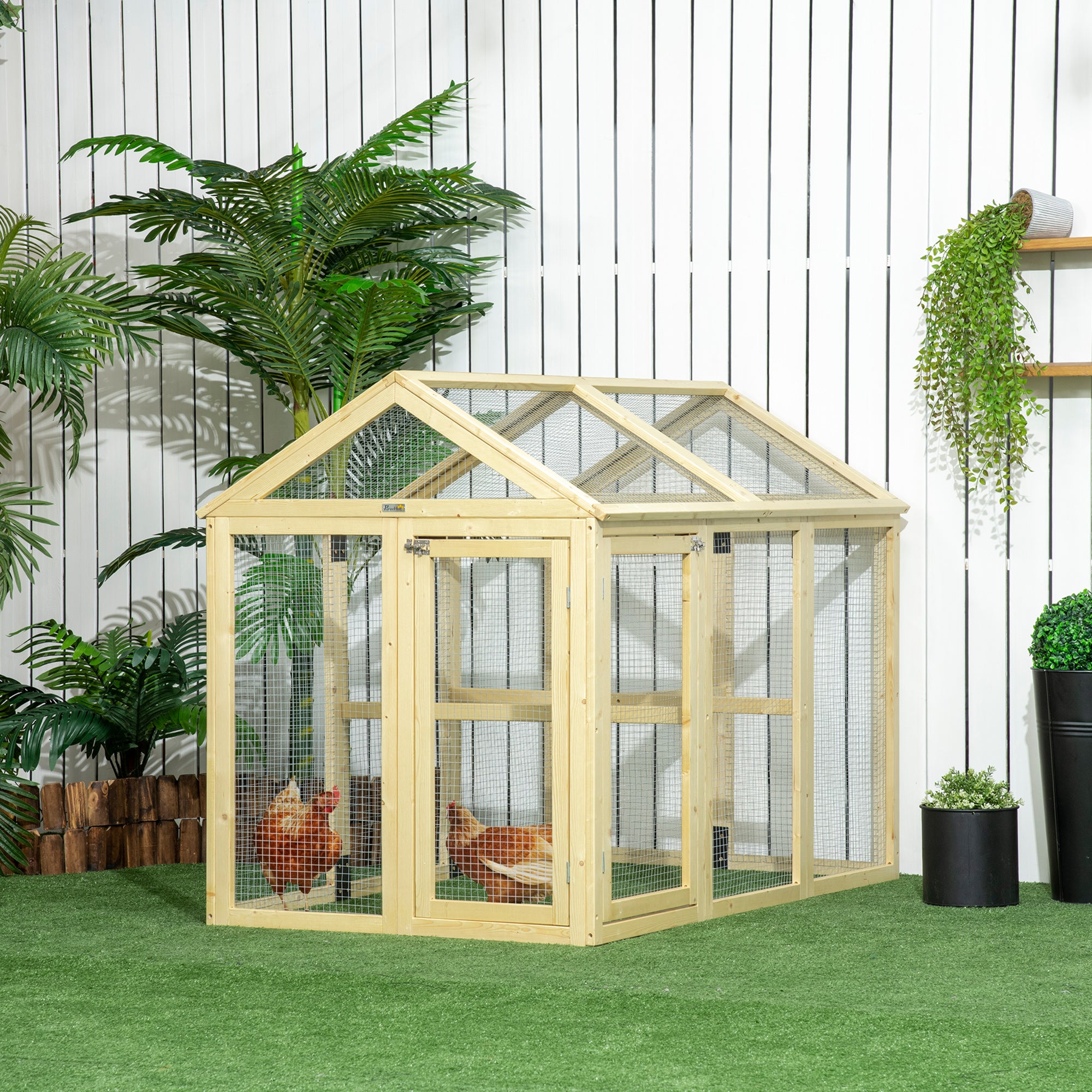 Wooden Chicken Run, Combinable Design with Perches, 4.6' x 2.8', Nature Wood - Natural Wood - Image 2