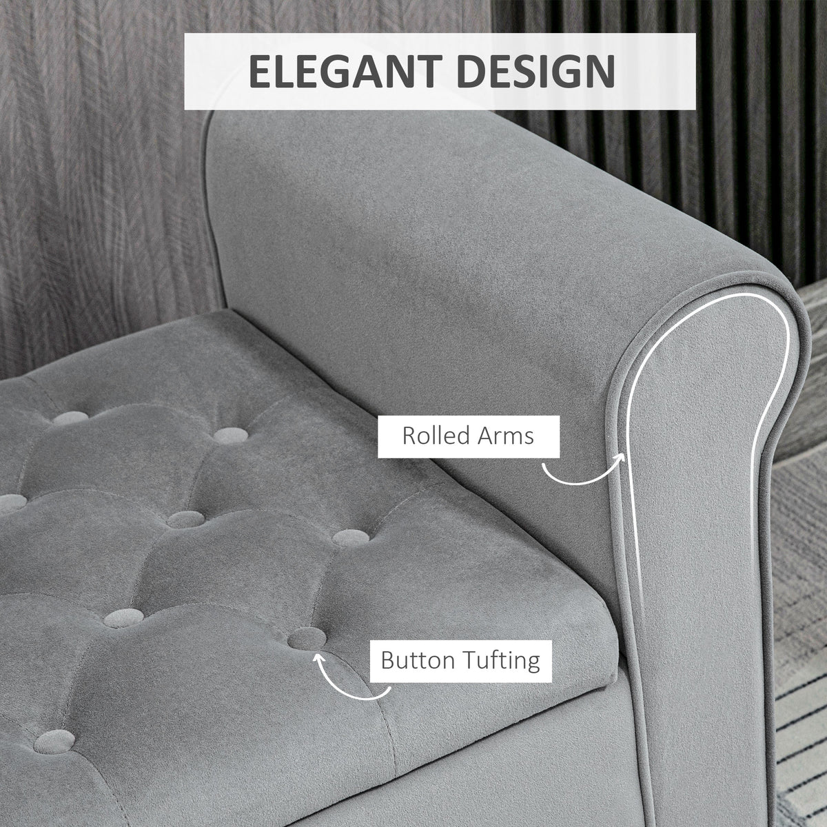 50 Inches Storage Ottoman, End of Bed Bench with Rolled Arms, Wood Legs, Button Tufted Storage Bench, Charcoal Gray