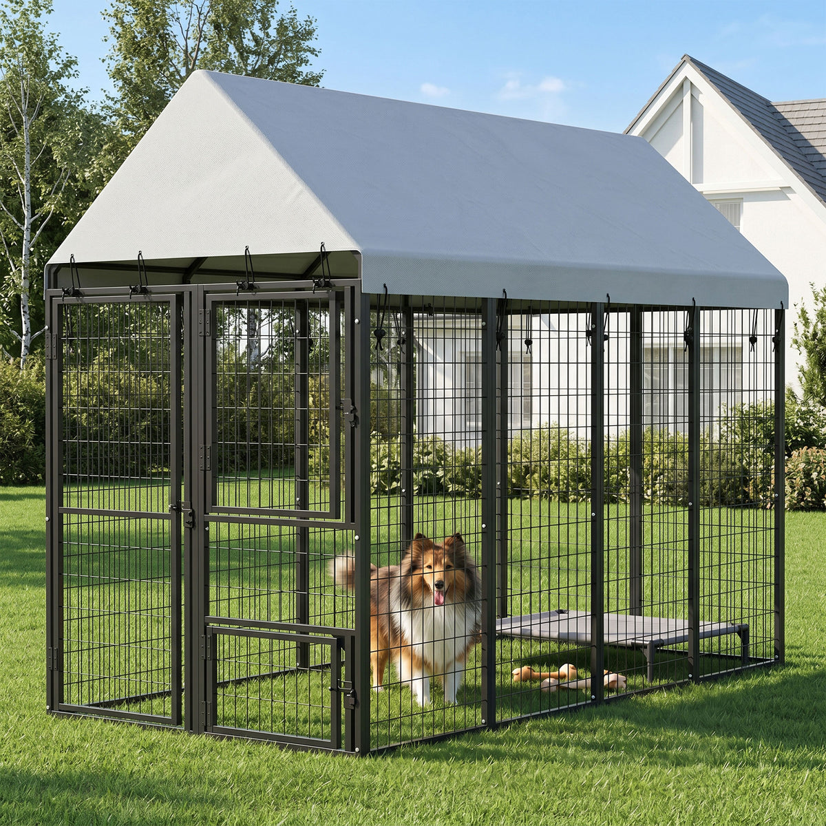 Large Dog Kennel Outdoor with Roof, 3 Doors, Expandable Heavy Duty Dog Kennel Dog Run for All Breed Sizes, 8' x 4' x 6'