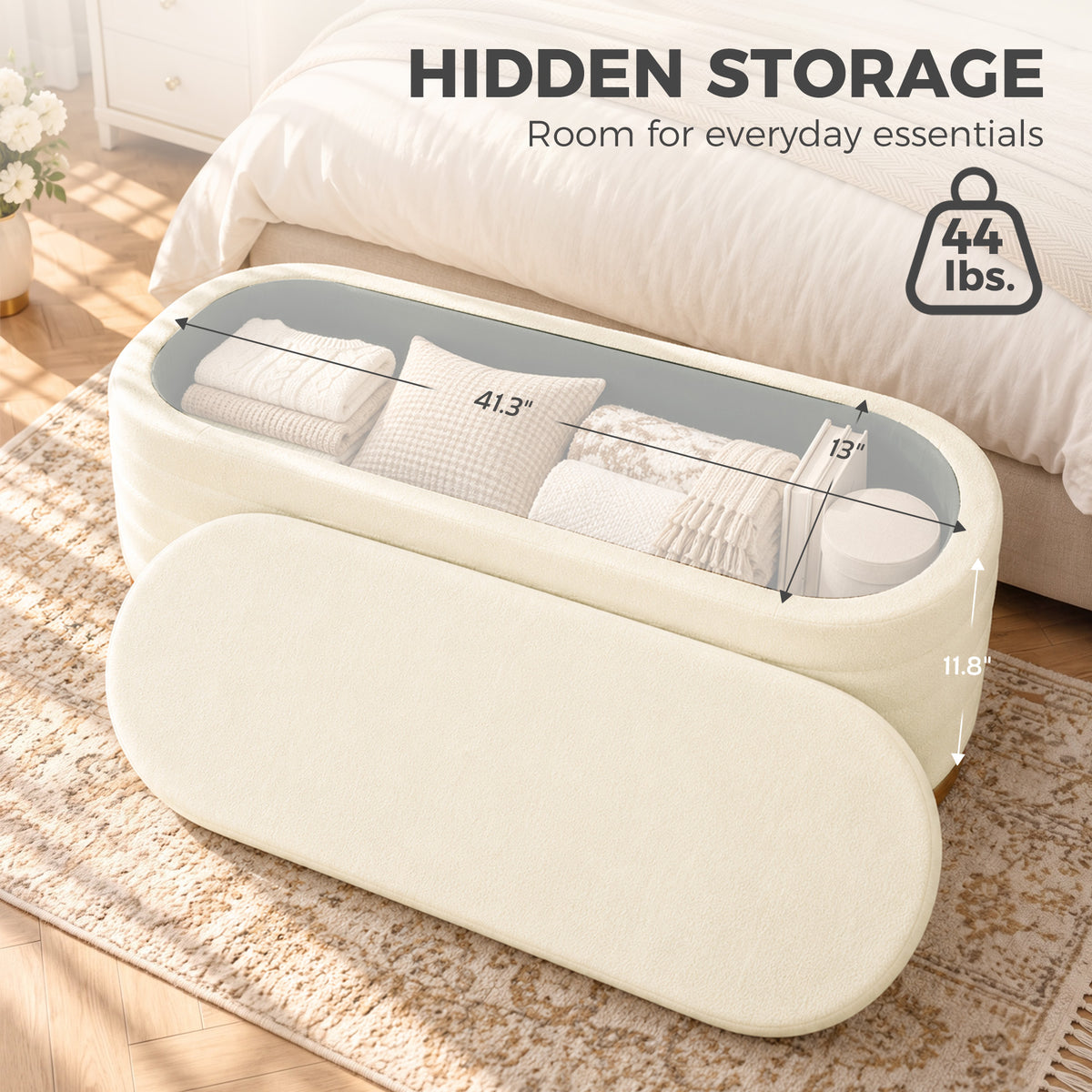 Storage Ottoman Bench Oval Chenille Upholstered Ottoman with Storage Chest, Cream White