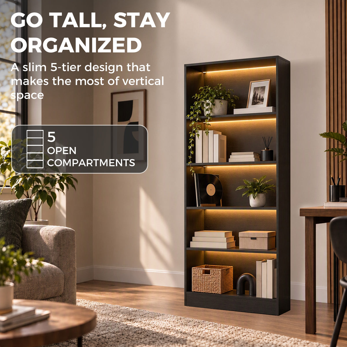 Bookshelf with LED Lights, 5-Tier Bookcase, Cable Holes, for Living Room, Study, Black Wood Grain