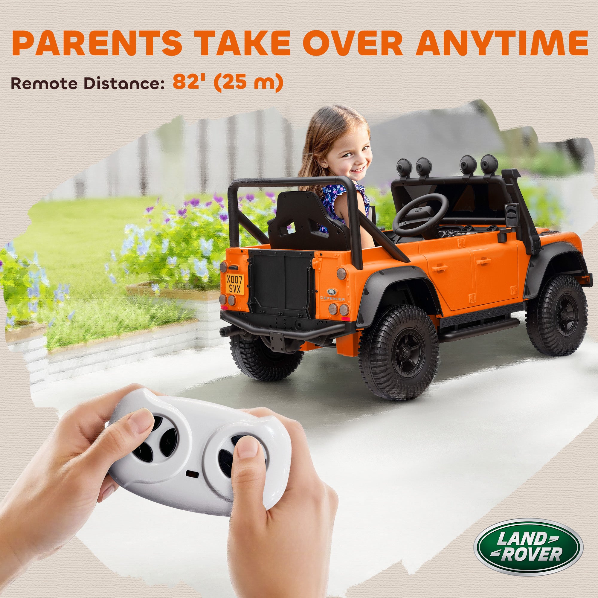 Land Rover Licensed Electric Car for Kids with Remote Control, Dual Motors, Spring Suspension, LED Lights, Orange