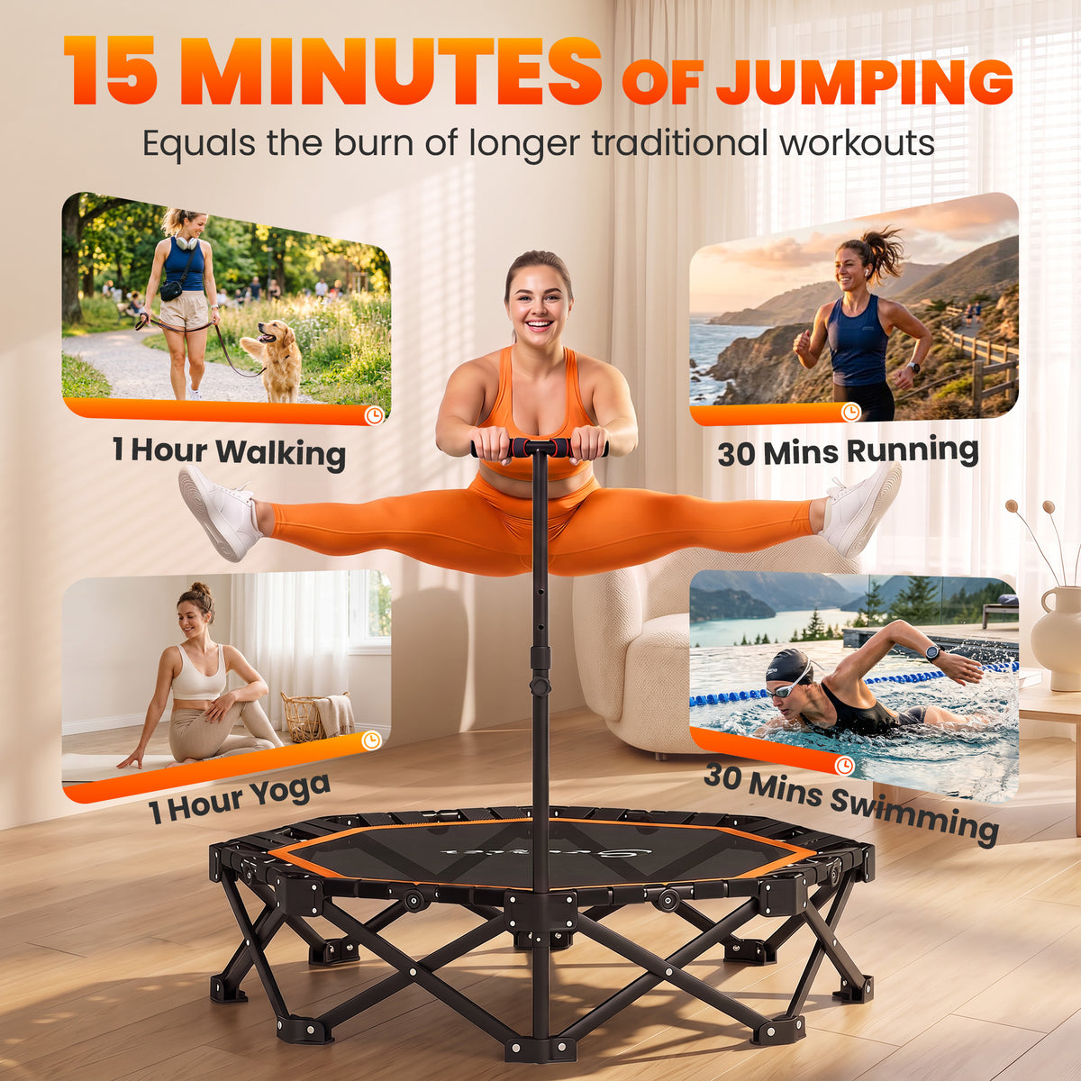 50" Foldable Mini Trampoline for Adults, One-Step Fold & Open, 550LBS Capacity, 3-Level Adjustable Handle, Orange