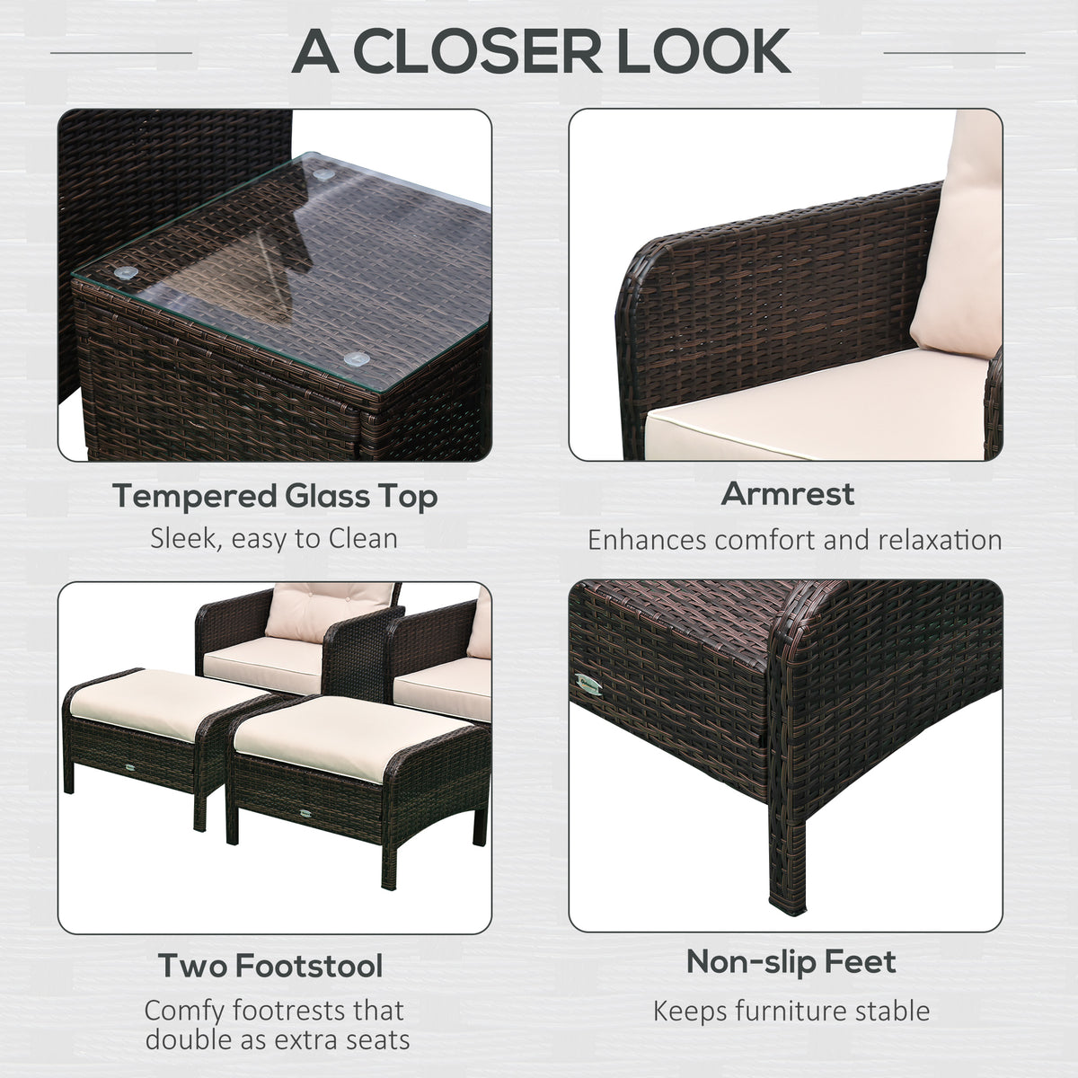 5 Pieces Rattan Wicker Lounge Chair Outdoor Patio Conversation Set with 2 Cushioned Chairs, 2 Ottomans and Tempered Glass Top Coffee Table