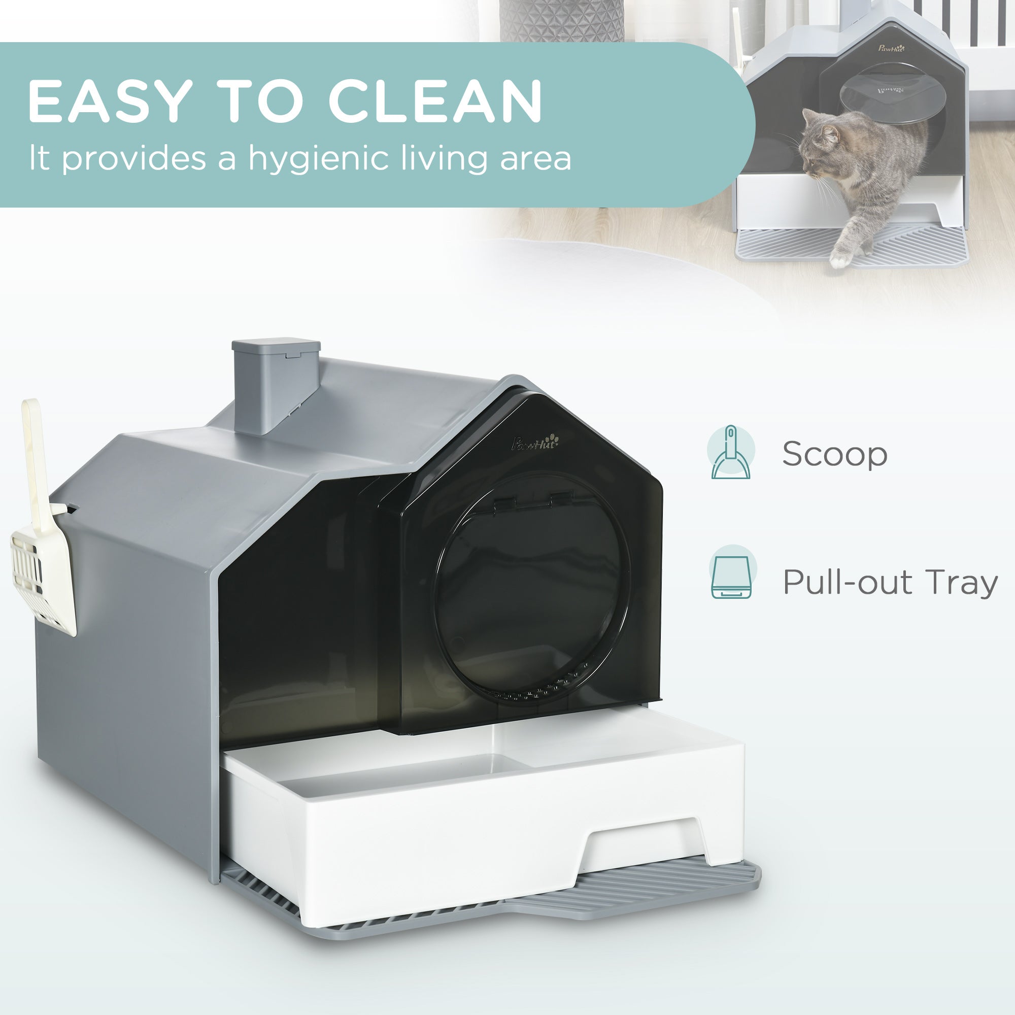 Hooded Cat Litter Box w/ Litter Mat, Litter Particle Catching, Gray - Gray - Image 5