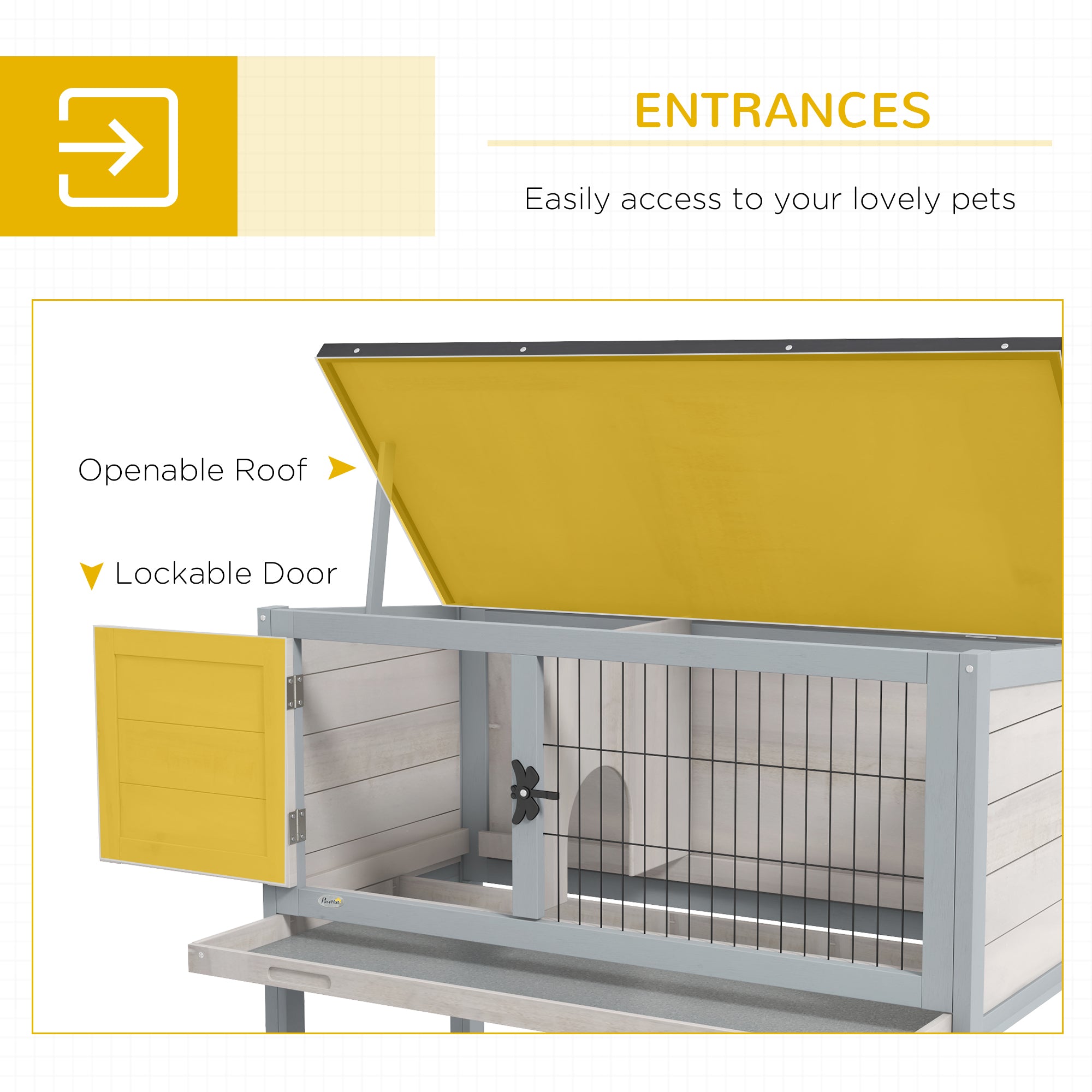 Elevated Rabbit Hutch, Wooden Bunny Cage with Hinged Asphalt Roof and Removable Tray, for Indoor/Outdoor, Gray - Gray - Image 5