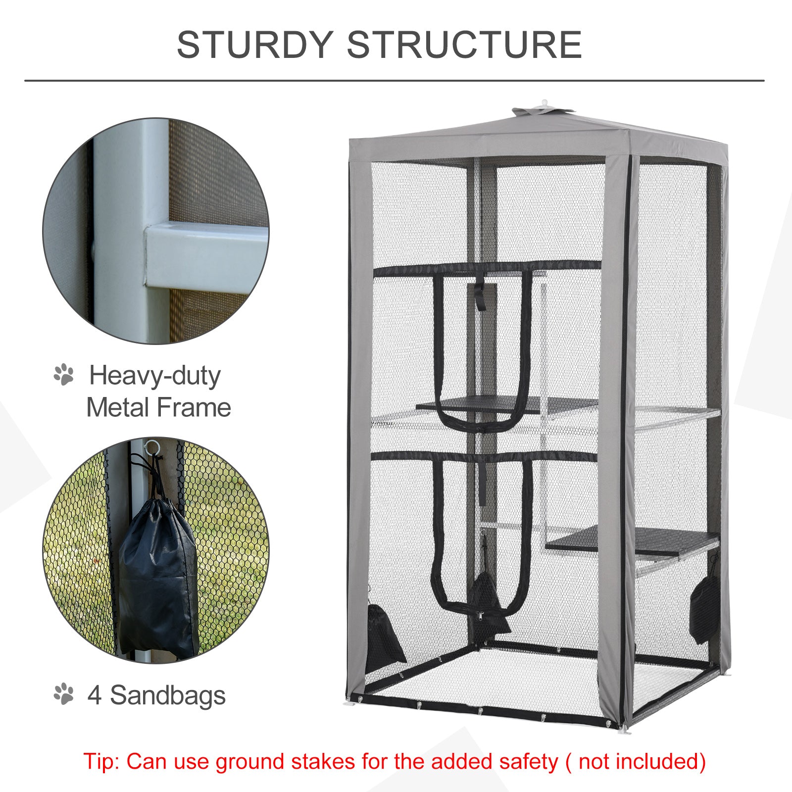 79"H Cat House Kitten Enclosure Mesh Playpen Steel Frame with 3 Platforms, 2 Doors and 4 Sandbags for Stability, Indoor/Outdoor - Grey, White and Black - Image 6