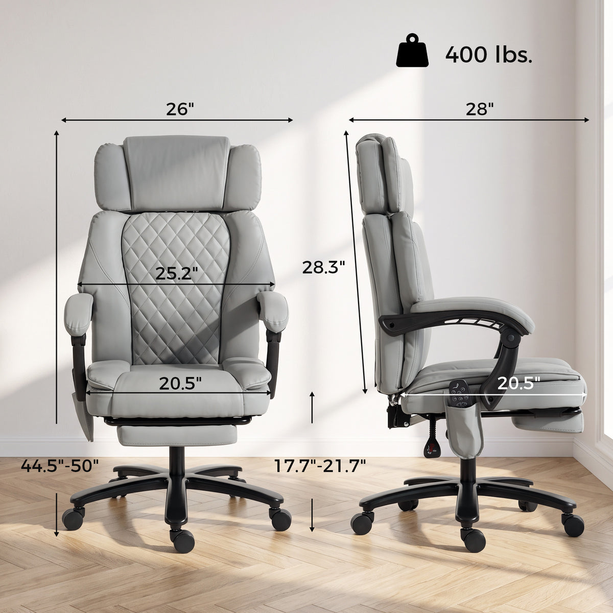 Massage Office Chair with Heat, 400lbs Heavy Duty Desk Chair with Adjustable Headrest, Reclining, Footrest, Light Gray