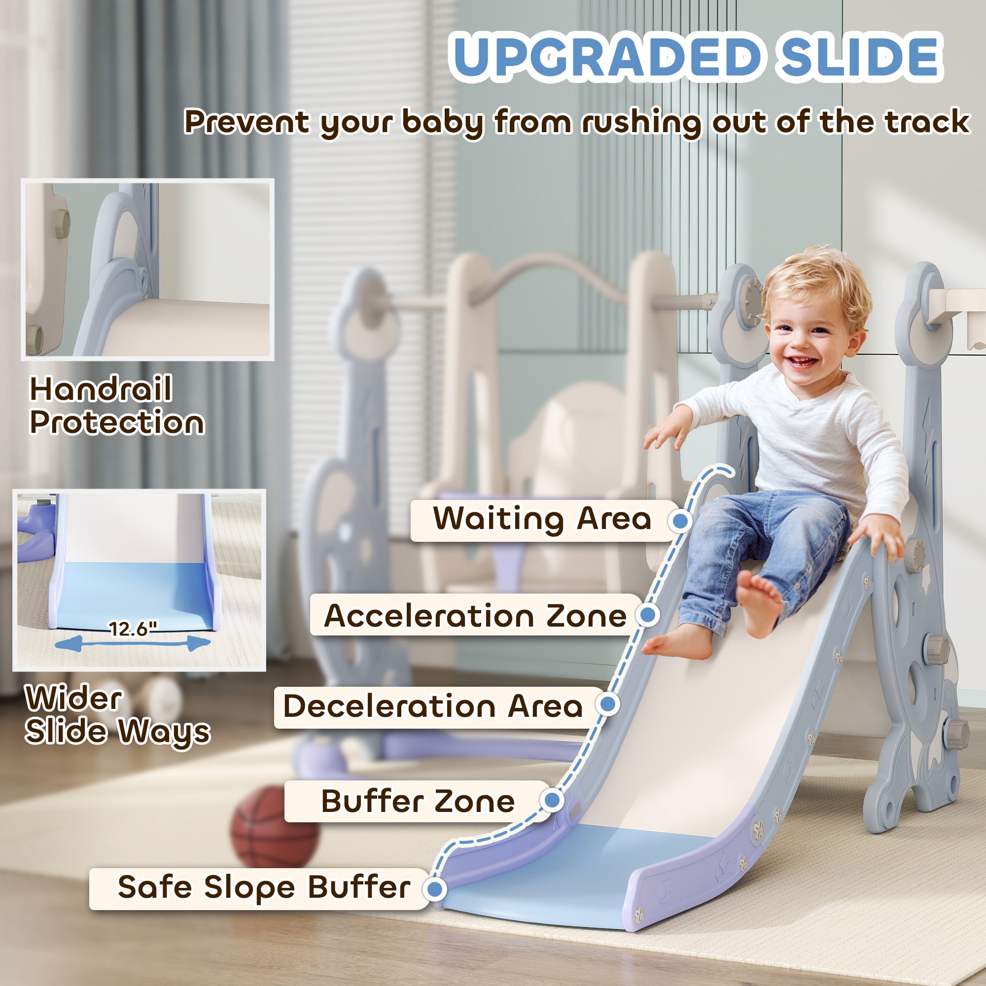 4 in 1 Toddler Slide and Swing Set for Ages 1.5-4, Toddler Playset Playground with Climber, Basketball Hoop, Light Blue