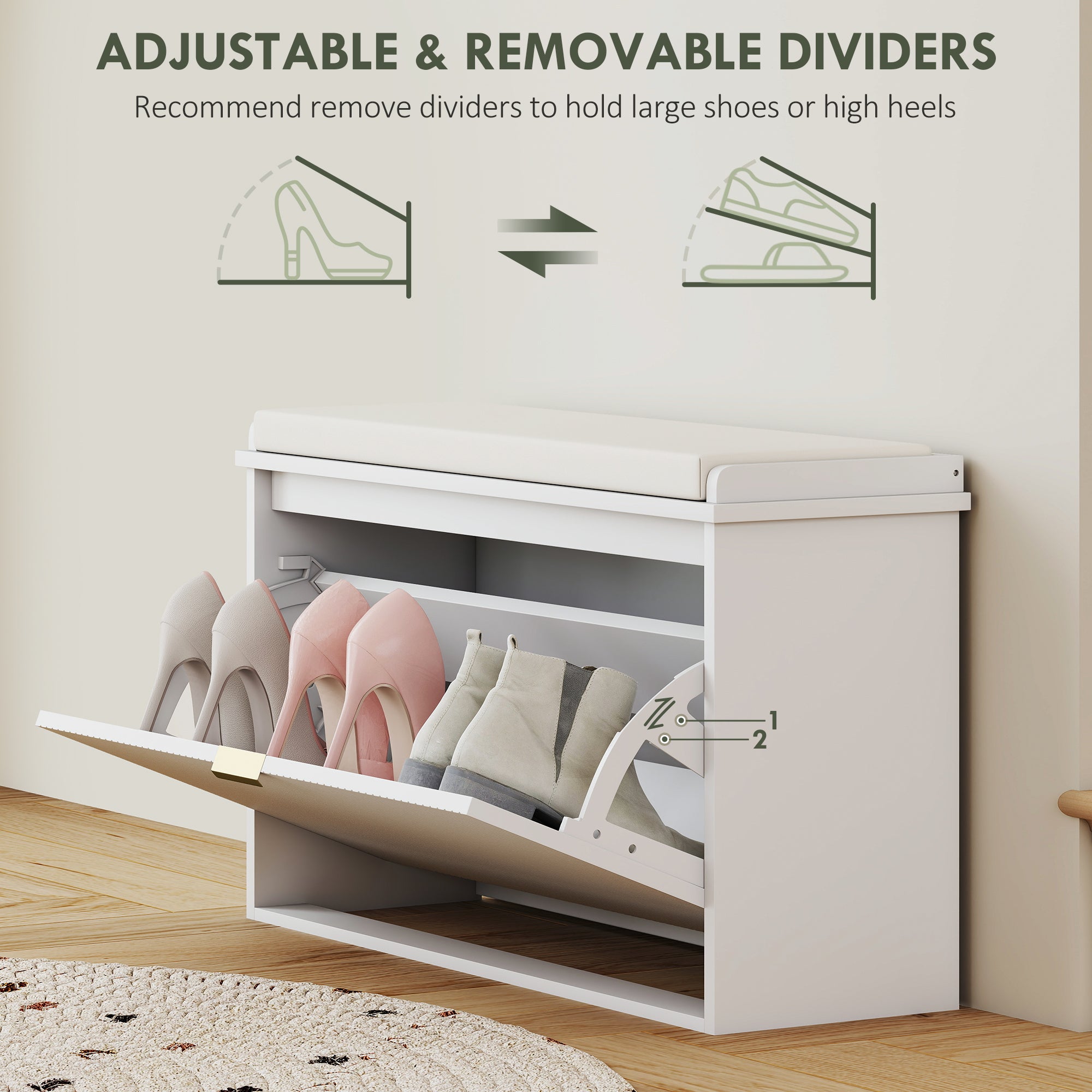 Shoe Storage Bench with Padded Seat Cushion and Flip-Drawer, Entryway Bench, Shoe Cabinet, 31.5x10.2x18.7 Inches, White