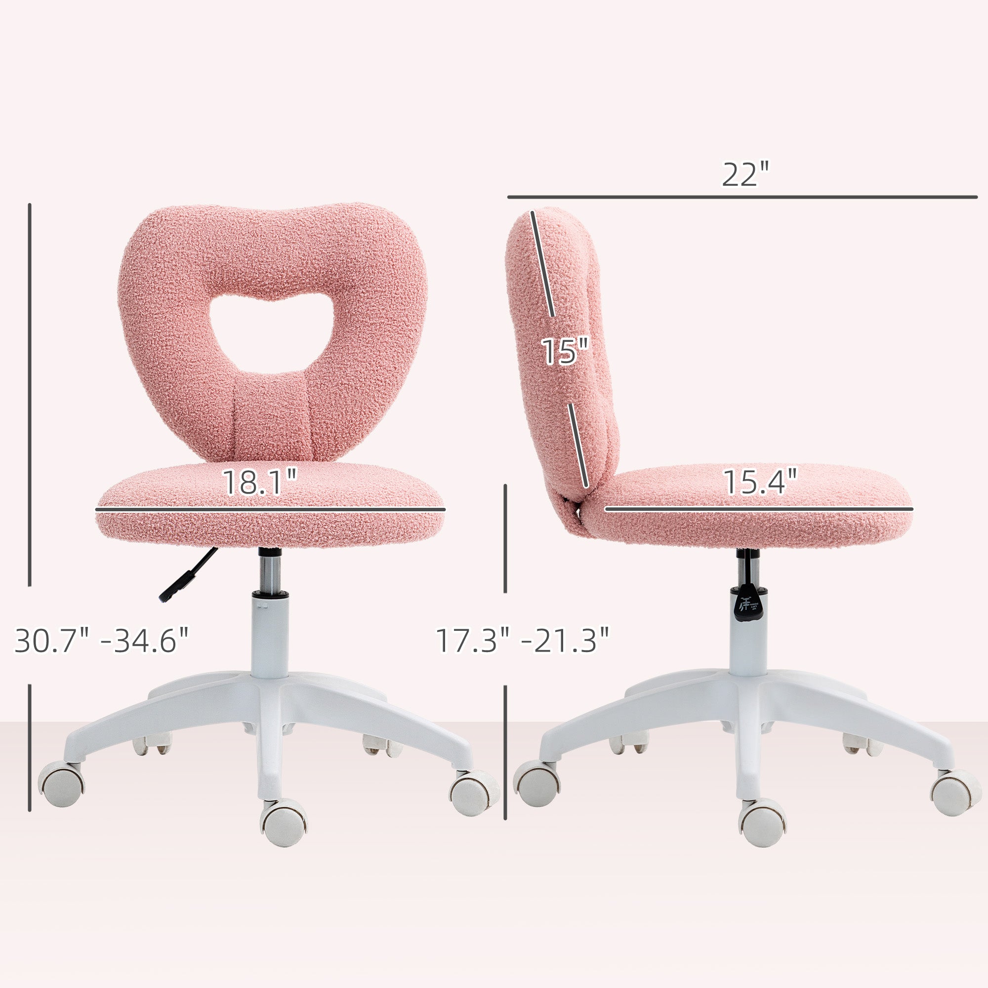 Armless Computer Desk Chair, Office Task Chair, Teddy Fleece Heart Makeup Vanity Chair with Swivel Wheels, Pink