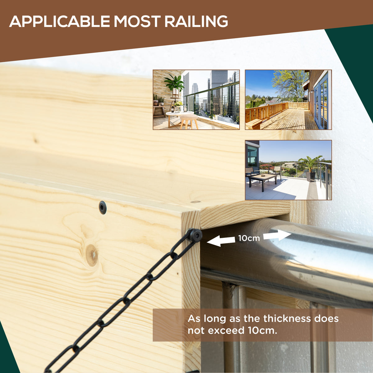 Hanging Balcony Table, Spruce Wood Foldable Railing Bar, Serving Table & Desk, Fits up to 3.9 Inches, Natural