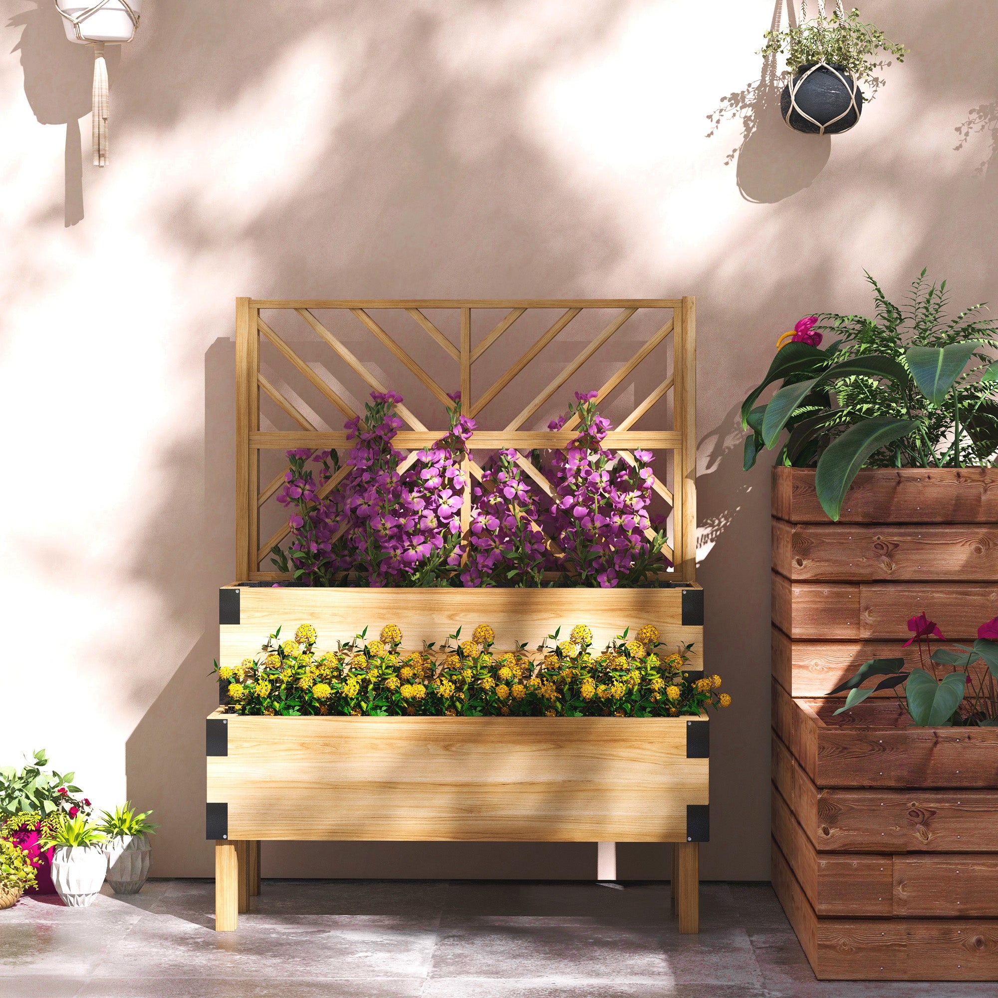 2 Tier Trellis Planter, Wooden Raised Garden Bed, Natural - Natural Wood - Image 2