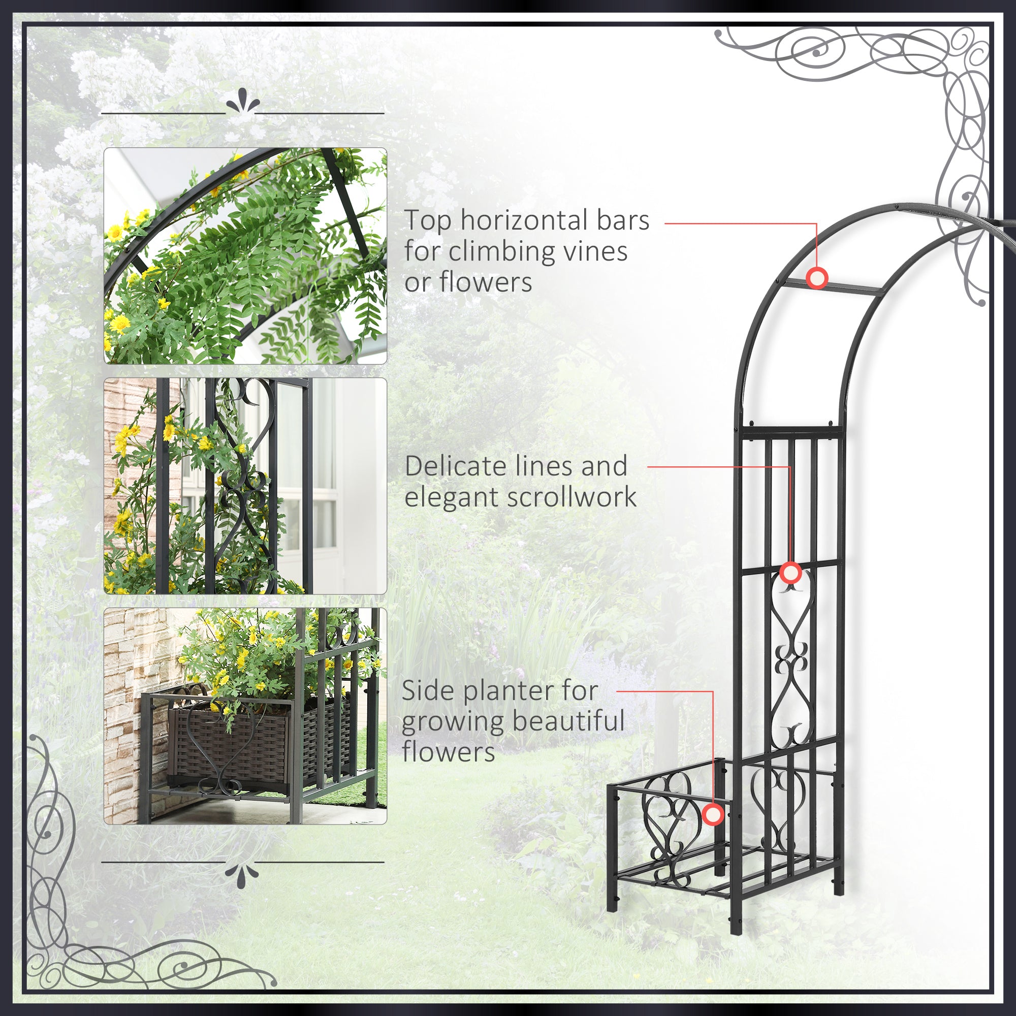 6.7' Steel Garden Arch Arbor with Scrollwork Hearts, Planter Boxes for Climbing Vines, Ceremony, Weddings, Party, Backyard, Lawn, Dark Gray - Dark Gray - Image 6