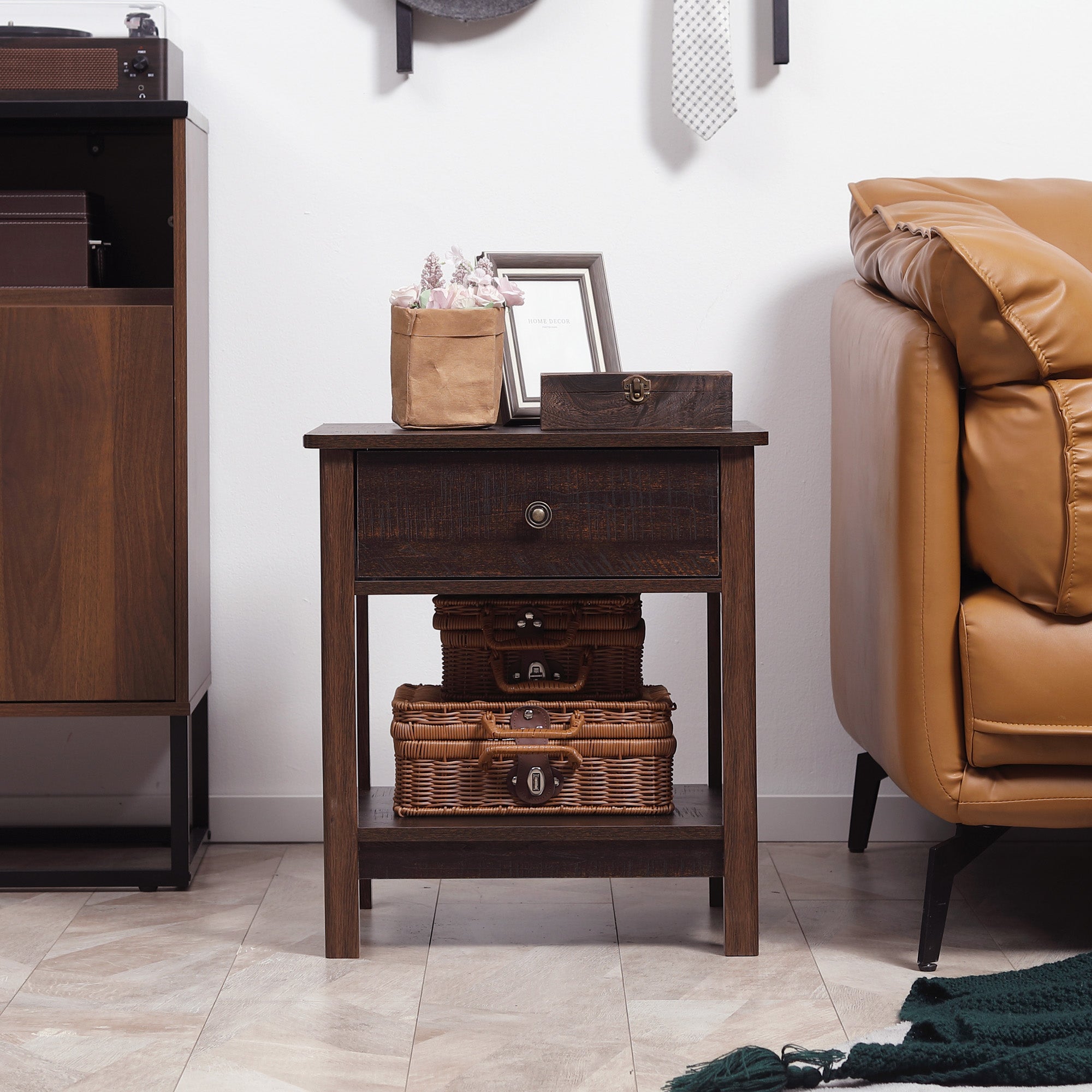 End Table with Drawer, Side Table with Top and Bottom Shelf for Small Spaces, Dark Brown