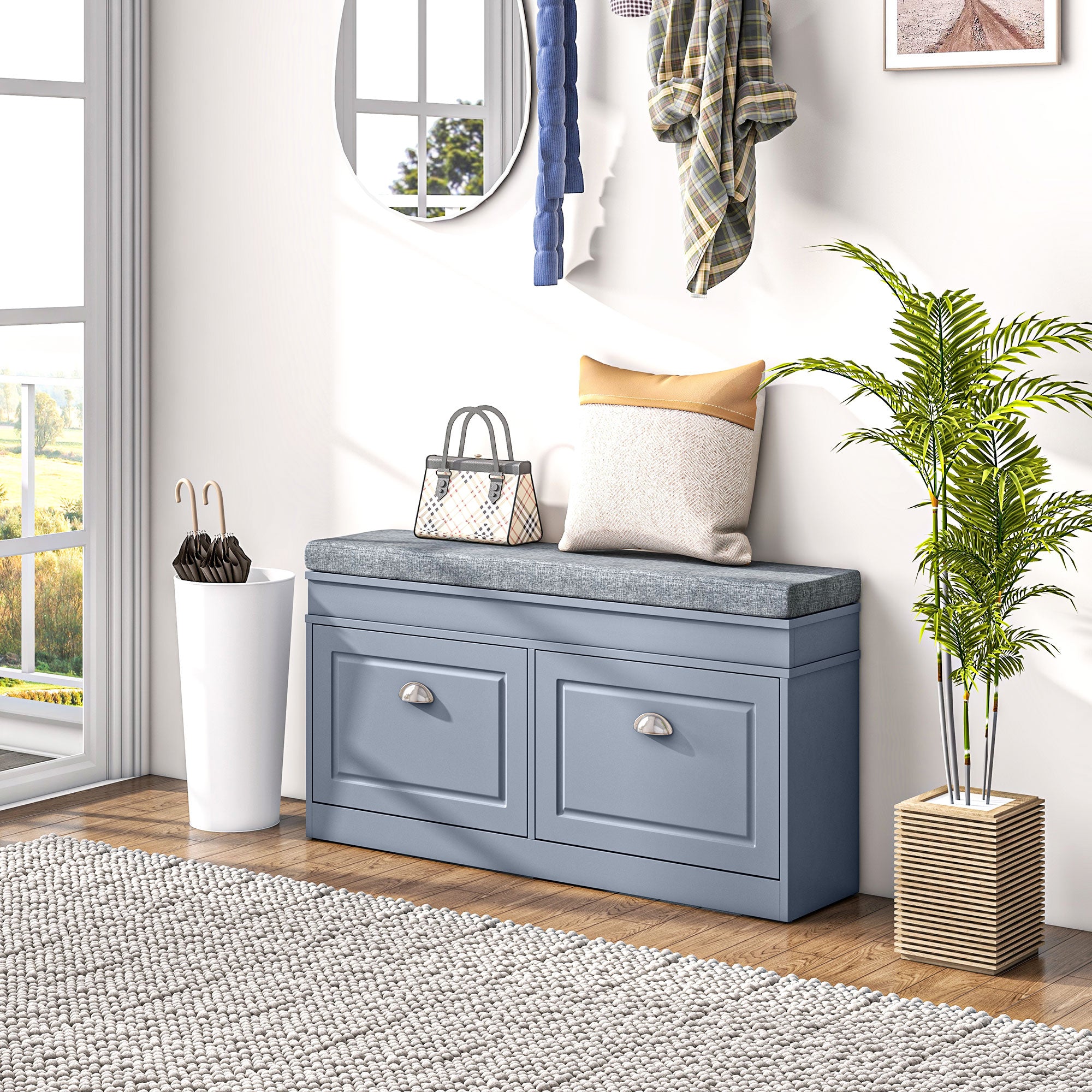 Modern Shoe Storage Bench, Entry Way Bench with Cushion, 2 Drawers, Storage Ottoman Bench, Holds 8 Pairs, Gray