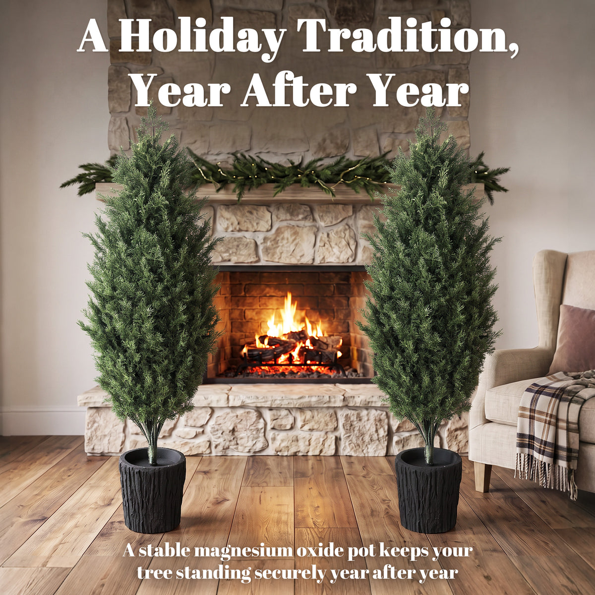4ft Artificial Christmas Tree Set of 2, UV Resistant Faux Cedar Tree with 291 PE Branch Tips and Pot, Green