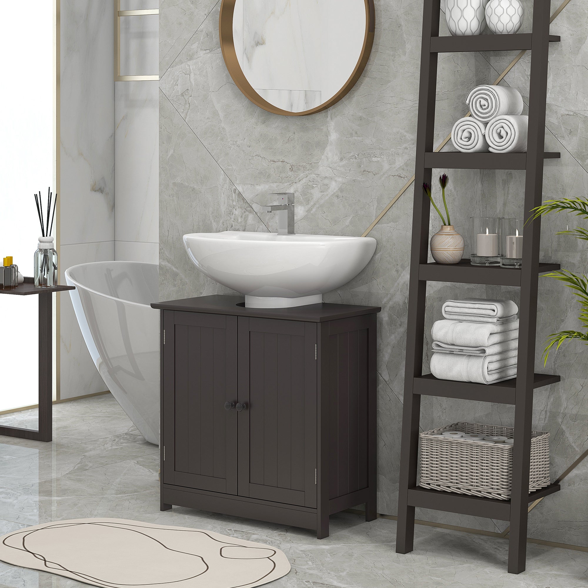 Bathroom Vanity Cabinet, Under Sink Bathroom Cabinet with 2 Doors and Adjustable Shelf, Coffee