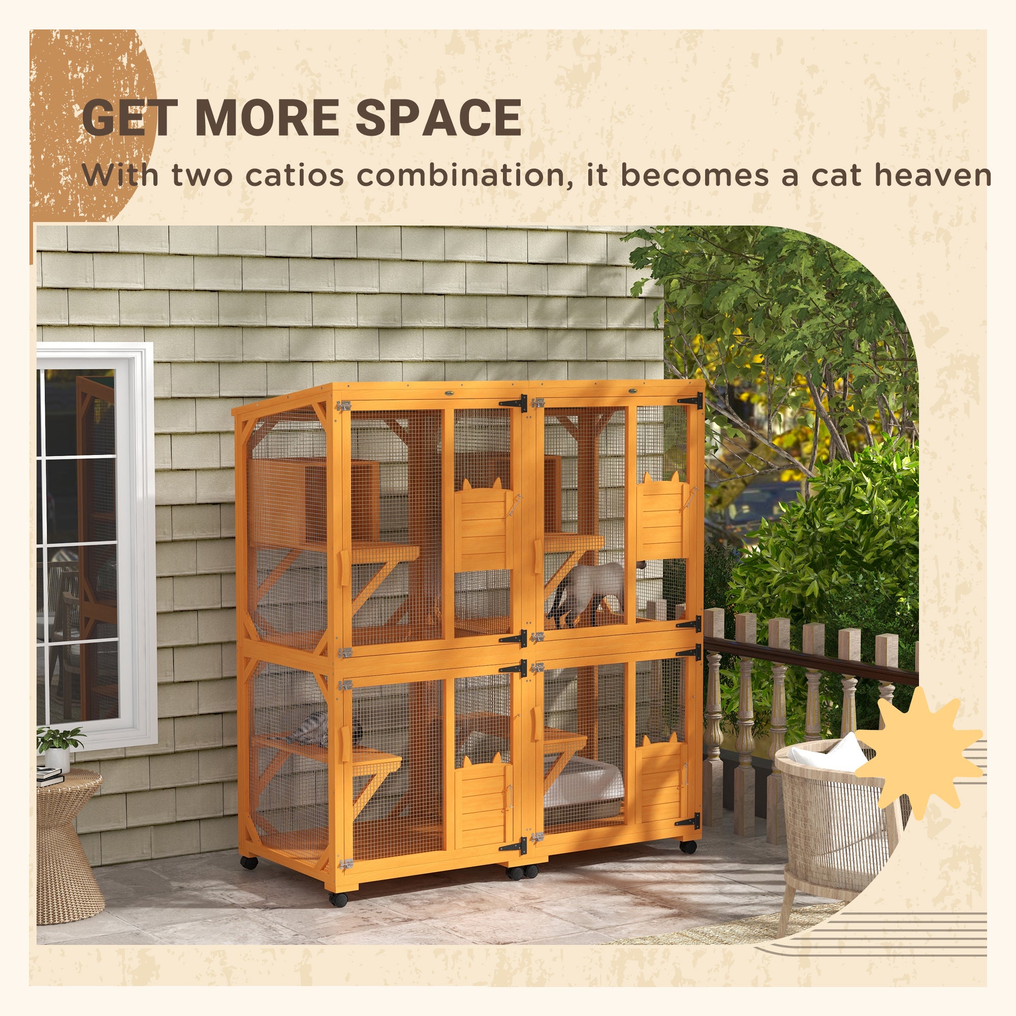 Large Cat House for 1-3 Cats on Wheels Wooden Catio Enclosure Orange - Orange - Image 8