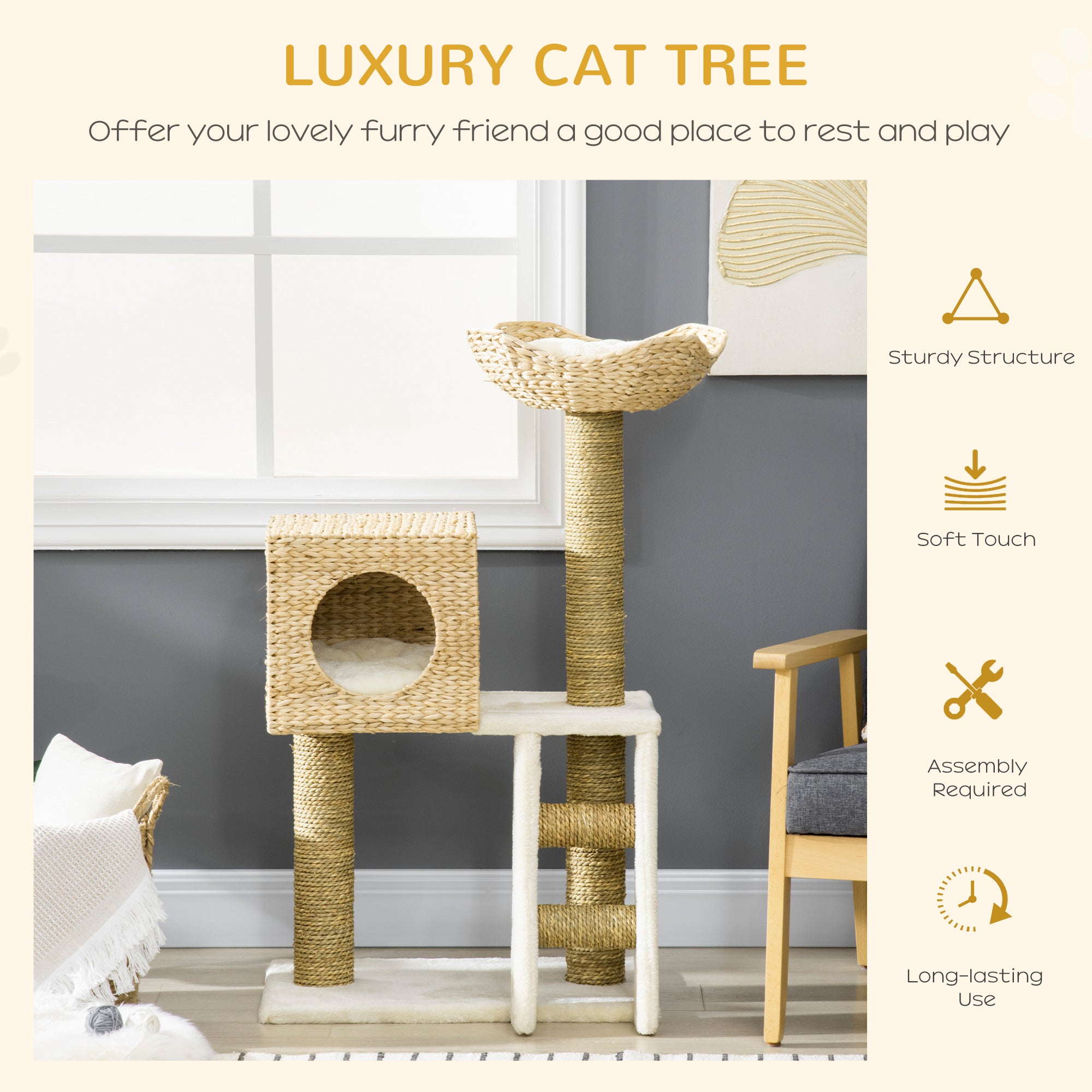 Cattail Weave Cat Tree for Indoor Cats Kitty Tower with Rattan Cat Condo, Wicker Bed, Ladder, Washable Cushions, 22.5" x 14.5" x 39.5", Natural - Natural Wood - Image 4