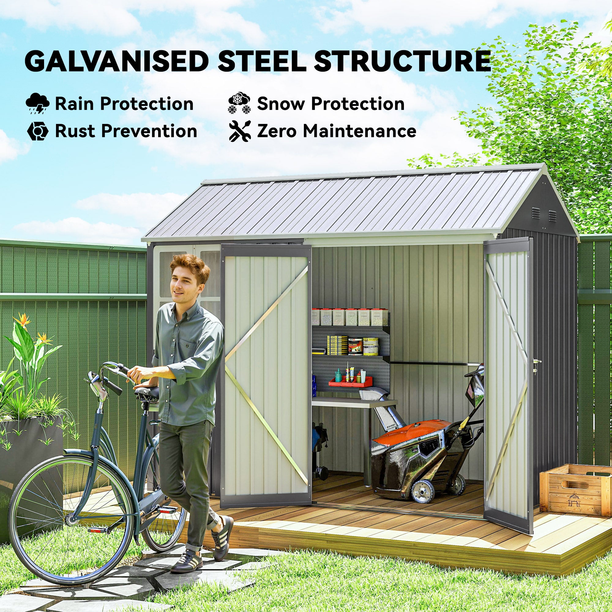 8' x 5.5' Metal Garden Storage Shed, Extra Large Outdoor Tool Storage House w/Lockable Doors, Window, Air Vents, Gray - Gray - Image 4